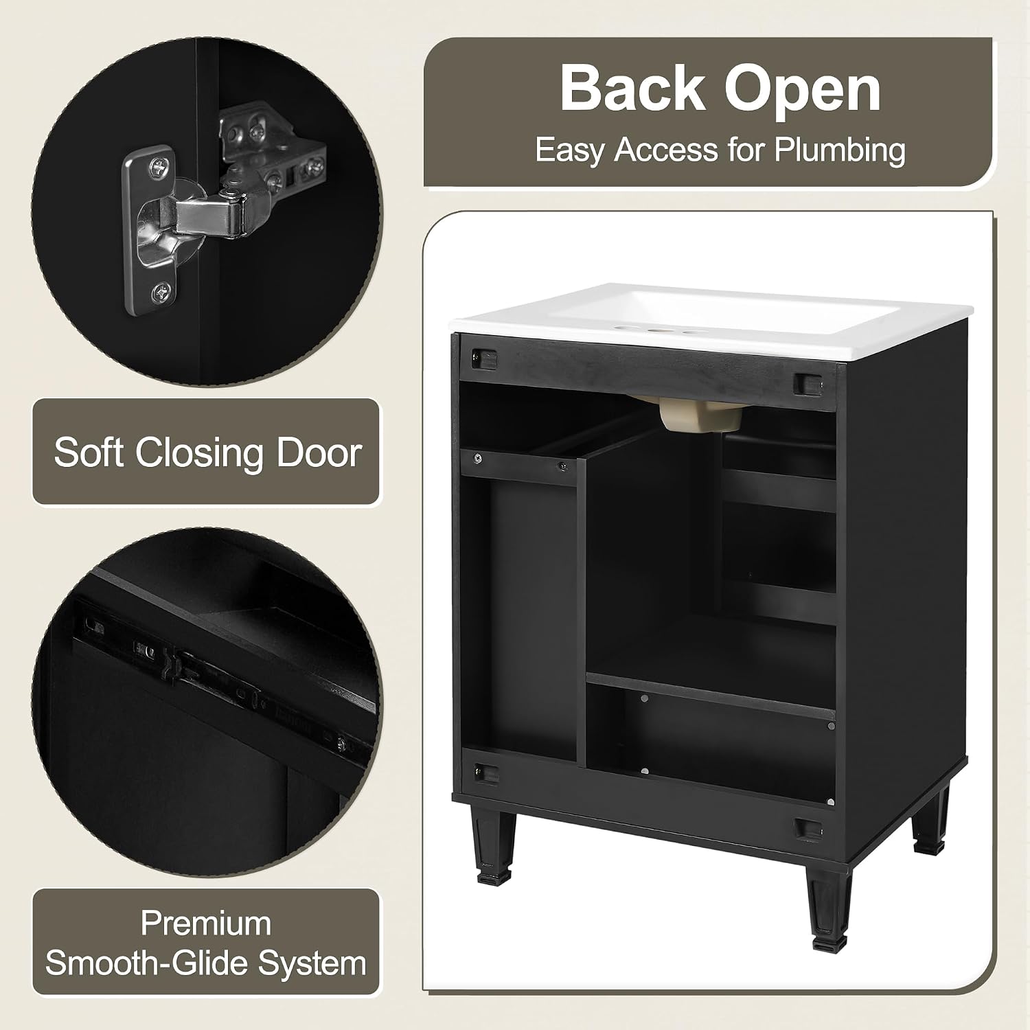 24-inch Bathroom Vanity with Sink Combo, Free-Standing Single Storage Cabinet with Door Shelf, 2-Tier Pull-Out Basket, and Deep Drawer, Wood Vanity with Ceramic Basin for Bathroom (Black)
