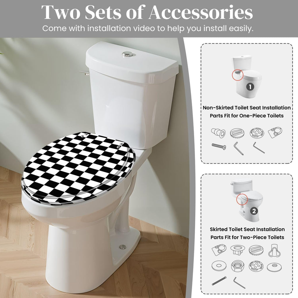 Round Toilet Seat Checkerboard black white for checkers chess featuring square pattern Resin Toilet Seat Quietly Close Quick Release Hinges with Cover Bumpers Decorative Easy to Install Clean