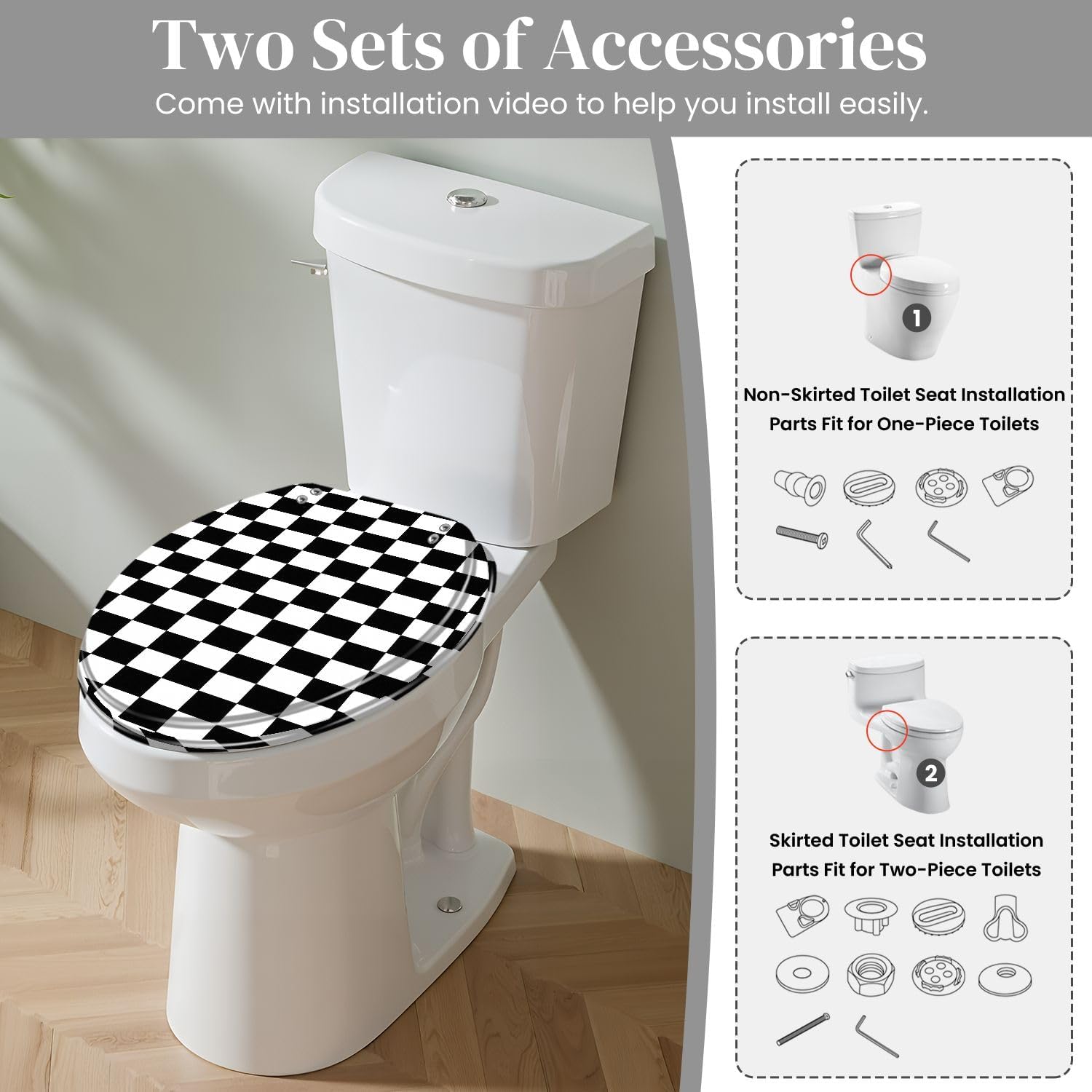 Round Toilet Seat Checkerboard black white for checkers chess featuring square pattern Resin Toilet Seat Quietly Close Quick Release Hinges with Cover Bumpers Decorative Easy to Install Clean