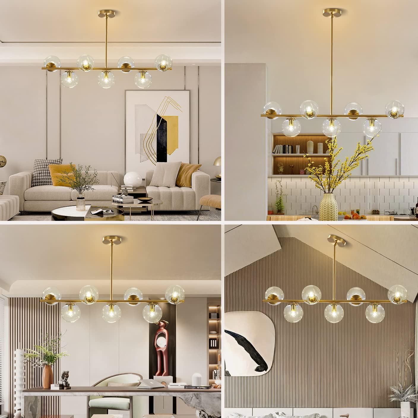 KCO Lighting 7-Light Clear Glass Globe Sputnik Chandelier Mid Century Modern Pendant Hanging Light Gold Brass for Kitchen Island Dining Living Room