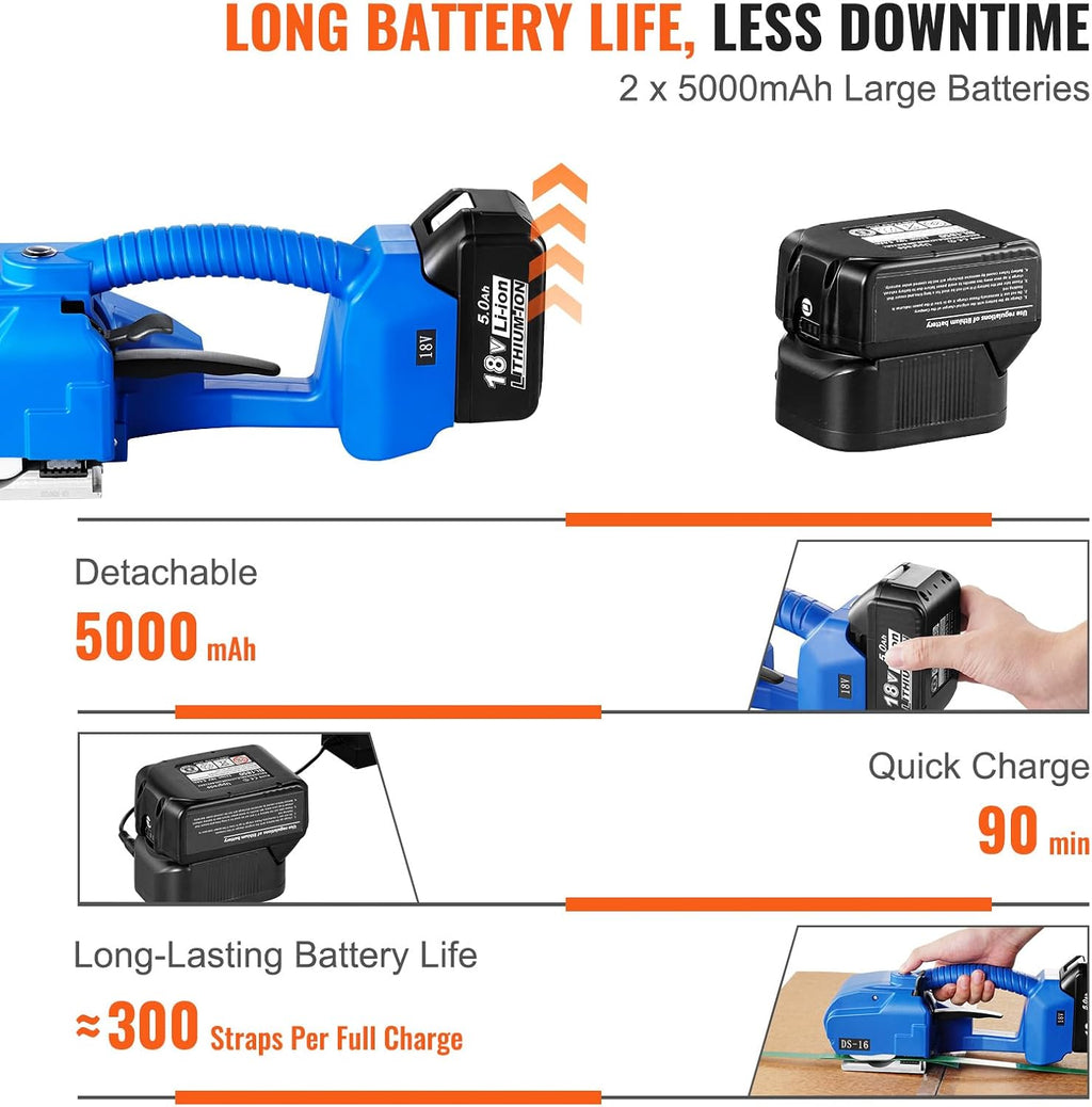 VEVOR Electric Strapping Machine, for 0.35'-0.63' PP PET Straps, Portable Electric Banding Tool with Digital Display, 2 x 5000mAh Battery Powered Automatic Strapping Tool for Packaging Box Pallet