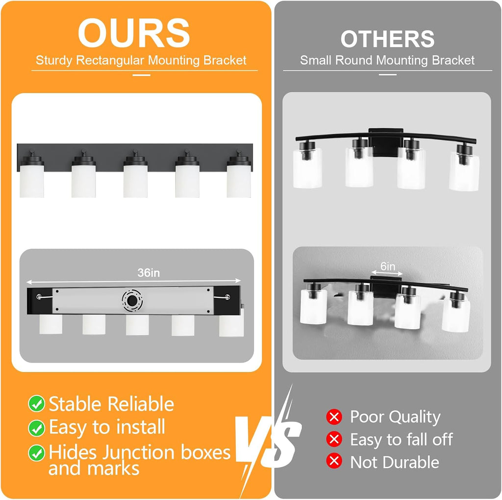IZORRO Bathroom Vanity Light Fixture, 5-Light 36 Inch Matte Black Bathroom Light Fixtures Over Mirror, with White Glass Shade, Modern Farmhouse Vanity Lights, Rustic Restroom Lighting Fixtures