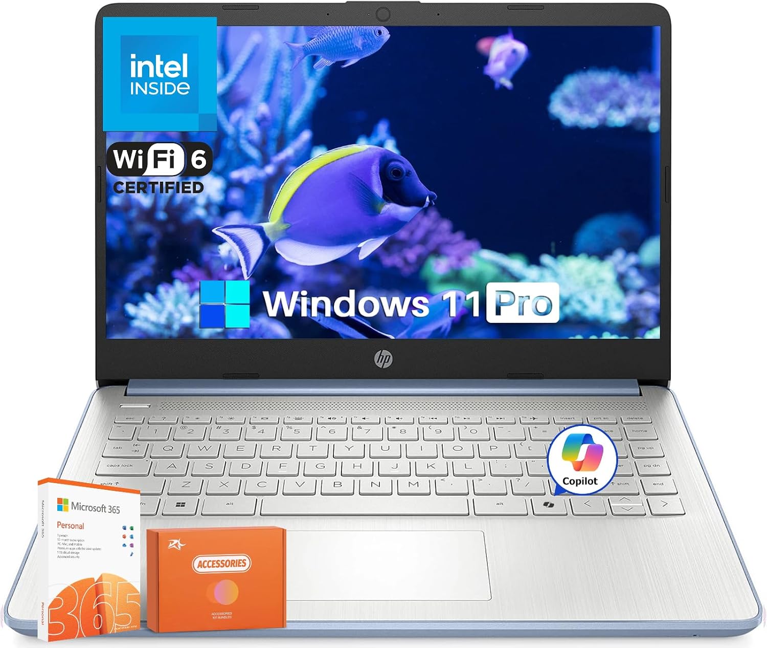 HP 14 Inch Student Business Laptop, Intel N150 CPU, 14' Anti-Glare, 4GB RAM, 384GB Storage(128GB UFS+256GB MSD), Wi-Fi 6, Copilot AI, 1 Year Microsoft 365, Sky Blue, Windows 11 Pro,W/Mouse