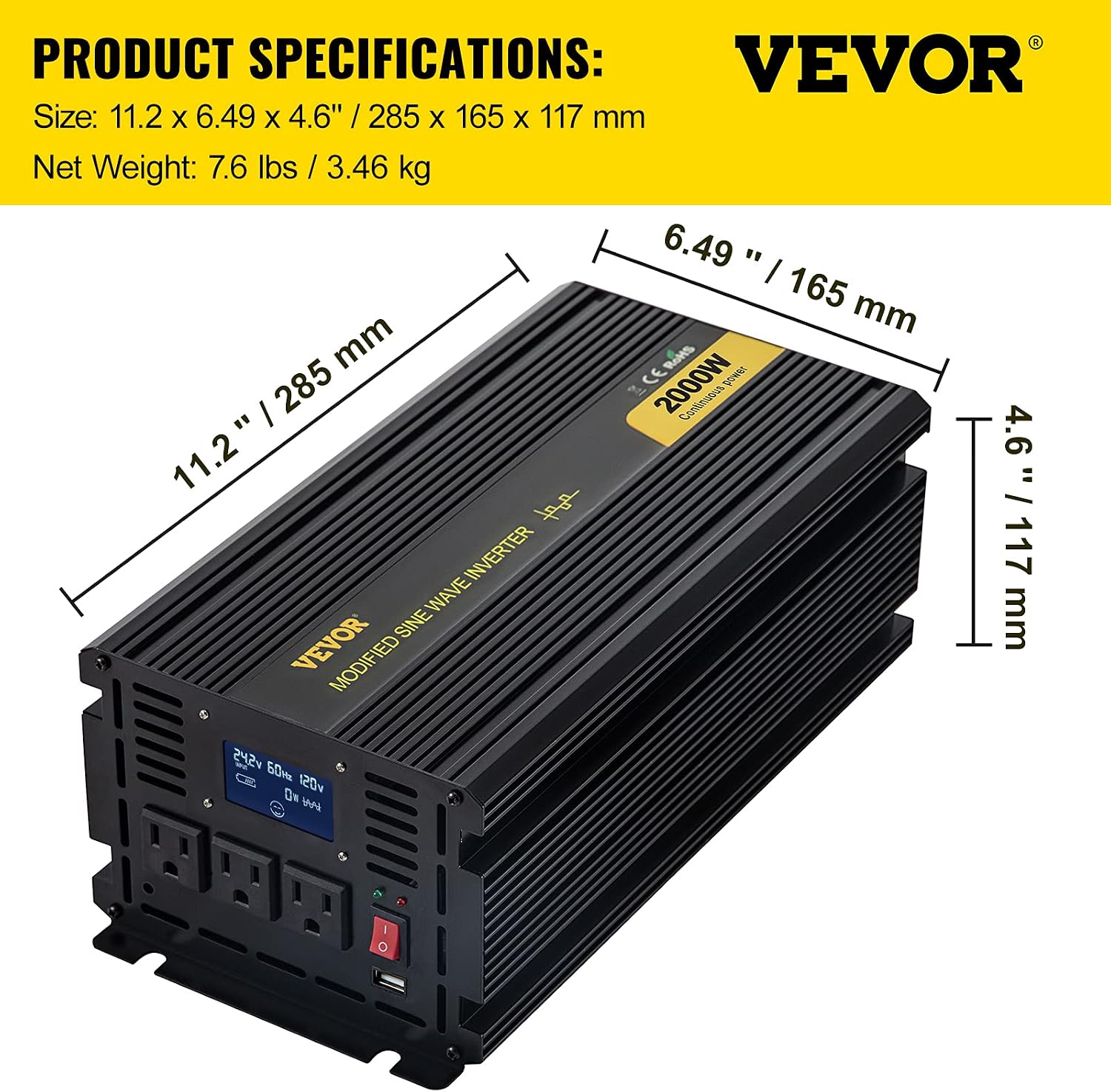 VEVOR Power Inverter, 2000W Modified Sine Wave Inverter, DC 12V to AC 120V Car Converter, with LCD Display, Remote Controller, LED Indicator, AC Outlets Inverter for Truck RV Car Boat Travel Camping