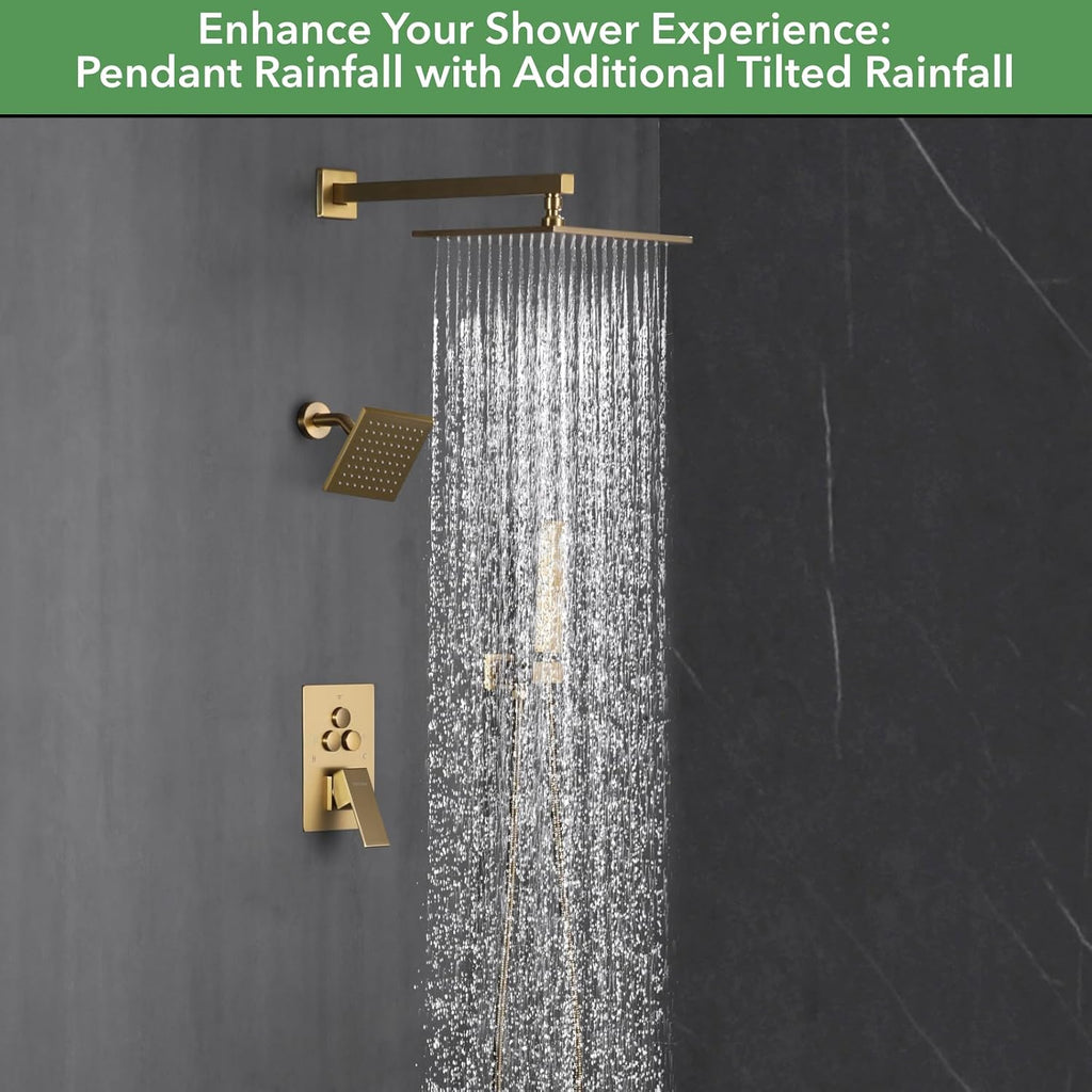 VANFOXLE Shower Faucet Set Brushed Gold Shower System, Push Button Diverter Shower Faucet with 2 in 1 Handheld, Wall Mount 10 Inch Shower Head Increased Thickness with 6 Inch Shower Head