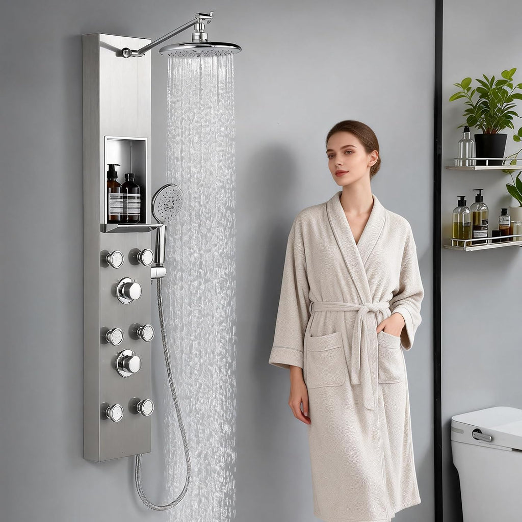 ROVATE Shower Panel Tower System with Shelf, Adjustable Shower Arm, Brushed Shower Tower with 6 Body Jets, Self-Cleaning Rainfall Showerhead & Handheld, Powerful Shower Column Stainless Steel