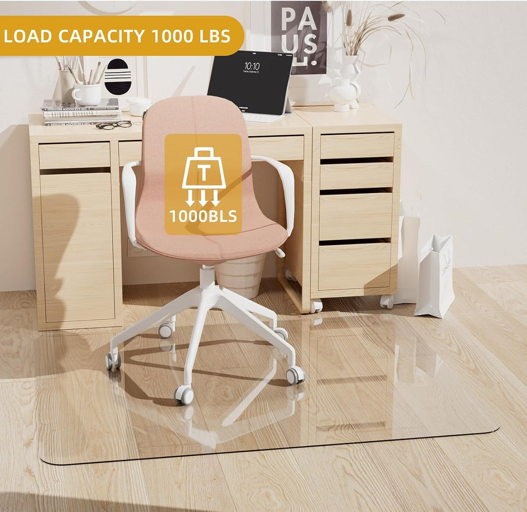 Tempered Glass Chair Mat 60' x 48' - 1/5' Thick, Heavy Duty, Anti-Slip Pads, for Office Chairs on Carpet or Hard Floorr with 4 Anti-Slip Pads, Rolling Glass Chair Mat