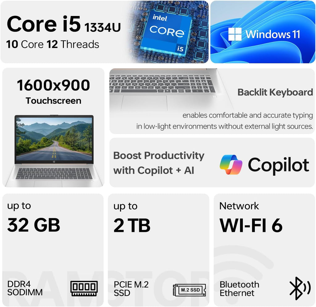 HP Essential 17t Laptop, 17.3' HD+ Touchscreen, Intel Core i5-1334U, 16GB RAM, 512GB SSD, Webcam, FP Reader, Backlit KB, HDMI, Wi-Fi 6, Windows 11 Home, Pale Rose Gold