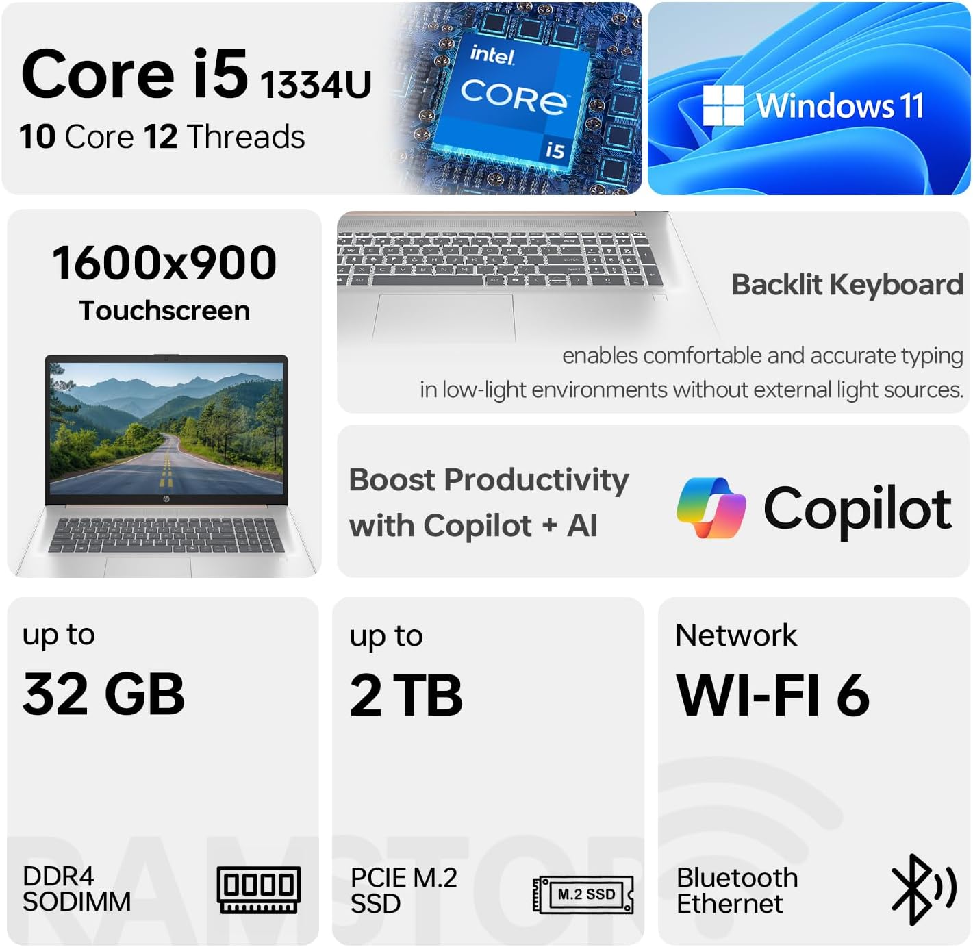 HP Essential 17t Laptop, 17.3' HD+ Touchscreen, Intel Core i5-1334U, 16GB RAM, 512GB SSD, Webcam, FP Reader, Backlit KB, HDMI, Wi-Fi 6, Windows 11 Home, Pale Rose Gold