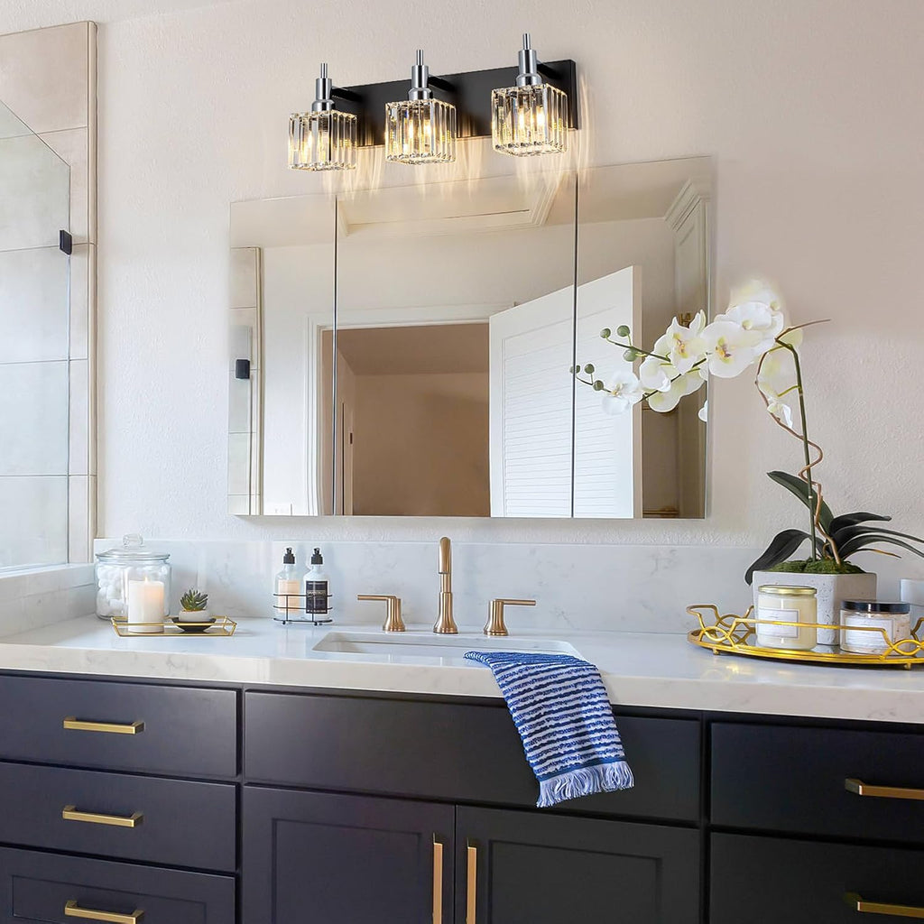 Chrome Bathroom Vanity Lights, Modern 3 Lights Crystal Bathroom Lighting Fixtures Over Mirror Black Chrome Wall Light with Square Shade