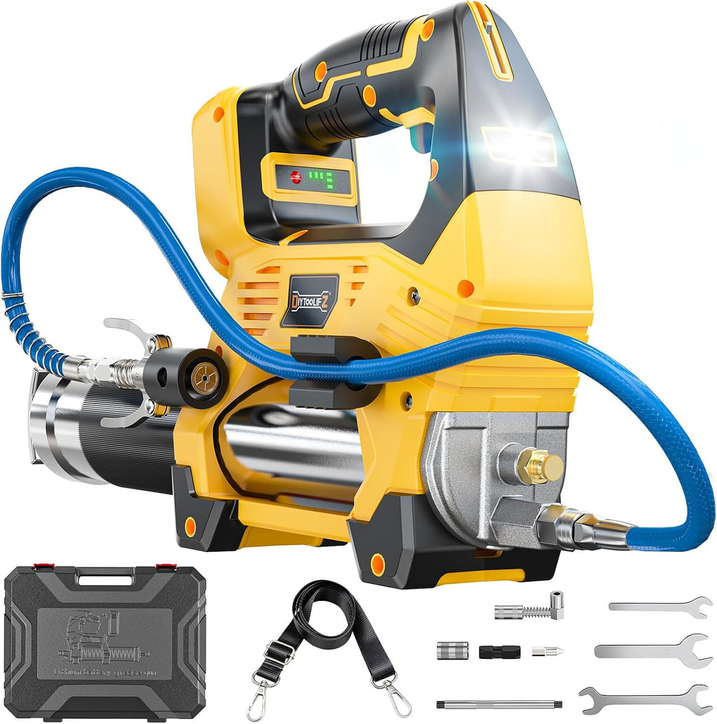 DIYtoolifz Cordless Grease Gun Compatible with DeWalt 20V Battery, 12000PSI High Pressure, 3-Speed&Brushless Motor, 9oz/min Max Flow, 2-in-1 for Cartridge/Bulk Grease, 39.4'Hose&4 Couplers(Tool Only)