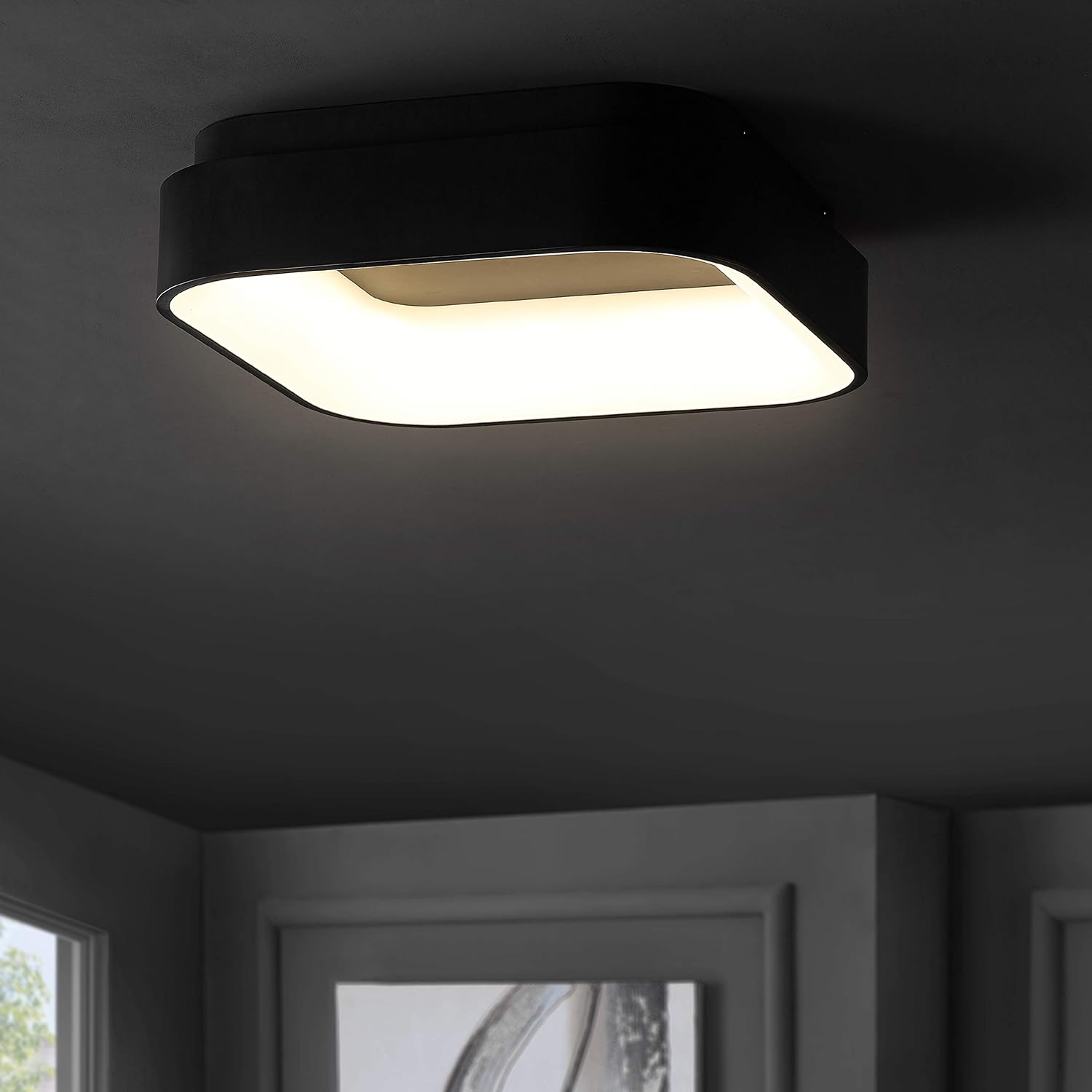 JONATHAN Y 17.7' Black Rafael Square LED Flush Mount Ceiling Light Fixture, Modern Dimmable 3000K Integrated 32W Lighting for Kitchen, Bedroom, Hallway, Metal Body (JYL7207B)