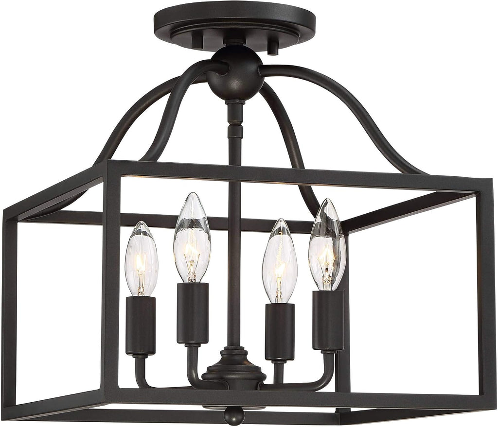 Franklin Iron Works Elle Farmhouse Rustic Close to Ceiling Light Semi-Flush Mount Fixture Black 13' Wide 4-Light Open Square Cage for House Bedroom Hallway Living Room Bathroom Dining Kitchen