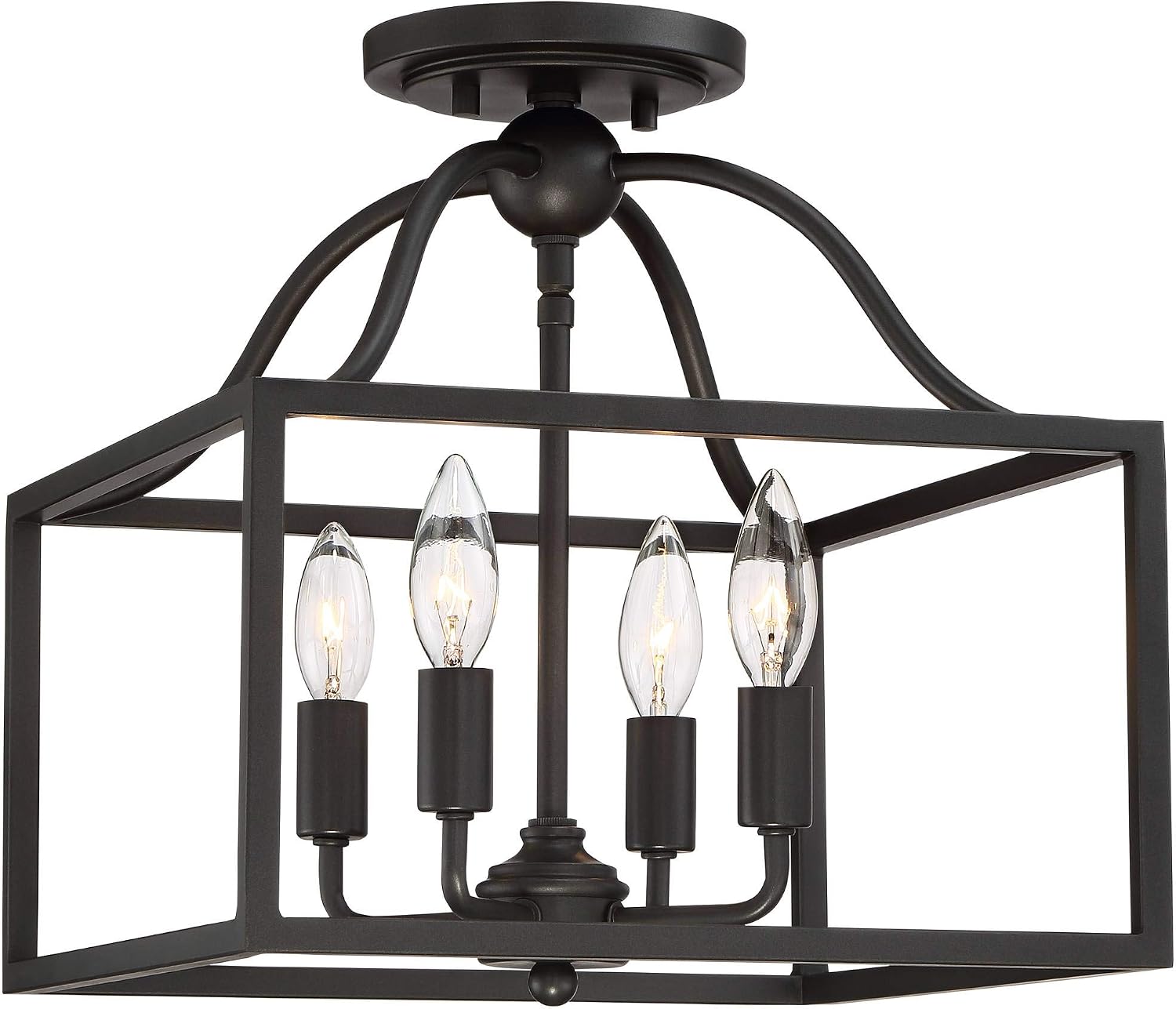 Franklin Iron Works Elle Farmhouse Rustic Close to Ceiling Light Semi-Flush Mount Fixture Black 13' Wide 4-Light Open Square Cage for House Bedroom Hallway Living Room Bathroom Dining Kitchen