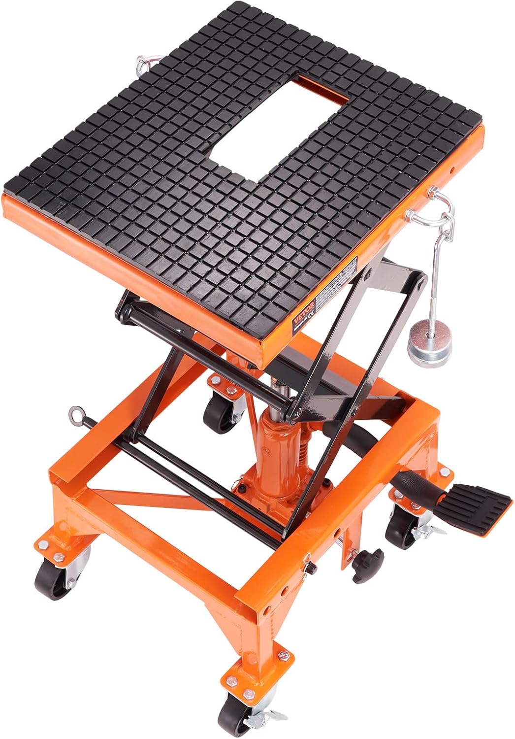 VEVOR Hydraulic Motorcycle Lift Table, 350 lbs Capacity Motorcycle Scissor Jack Lift with Wide Deck, J-Hooks, 4 Wheels, Hydraulic Foot-Operated Jack Stand for ATV Dirt Bikes