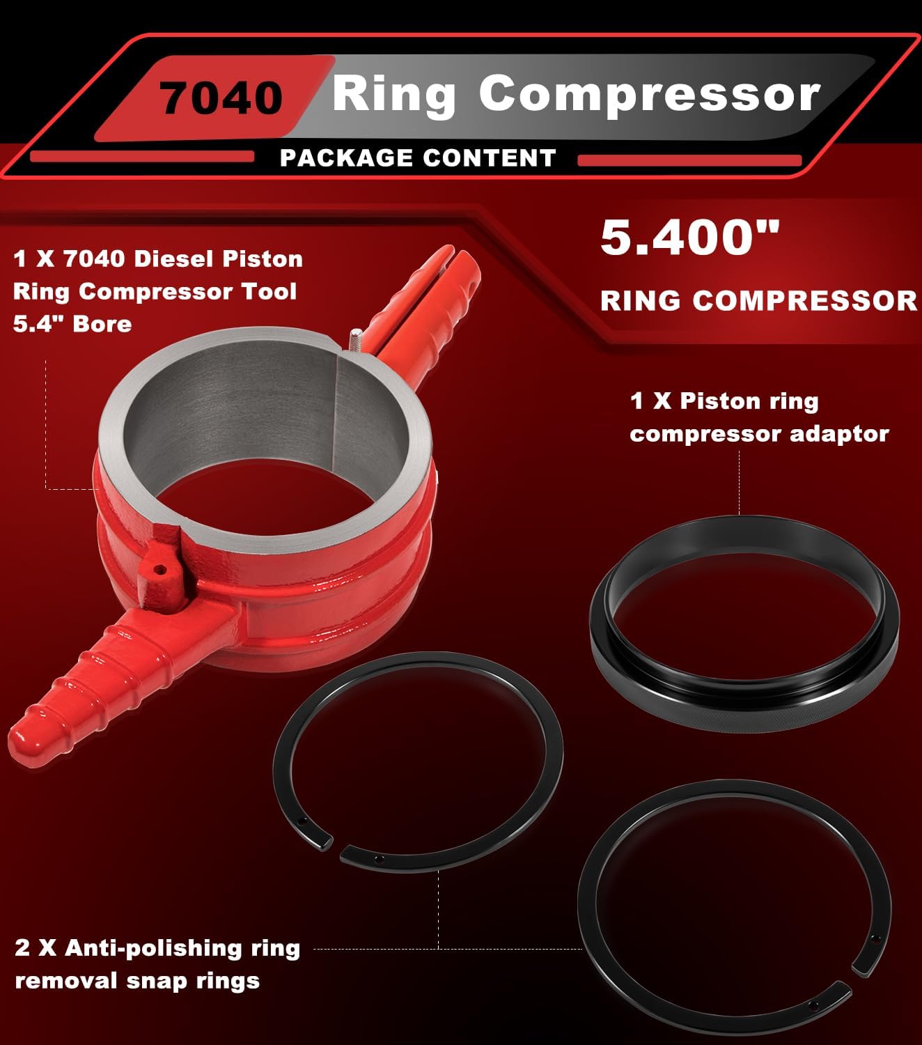7040 Piston Ring Compressor Tool, Piston Ring Compressor Adapter & Anti-Polishing Ring Kit For Cummins ISX QSX 15, Caterpillar 3400, 3406, 3408, C15, 5.4' bore Replace# PT-7040 5299339 5394454