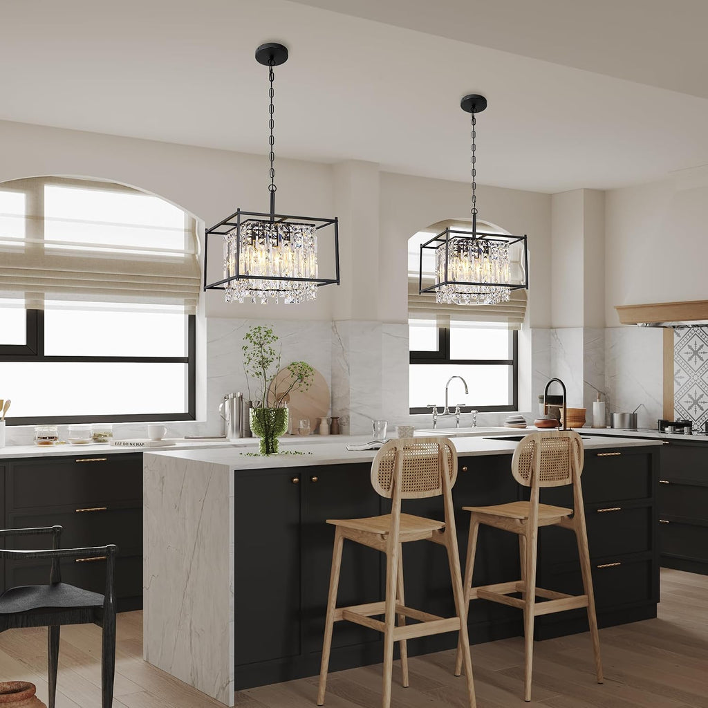 Miuyhji Black Chandeliers for Dining Room, Black Square Industrial Chandelier Crystal Pendant Light for Kitchen Island Dining Room Living Room Flat and Inclined Ceiling,L16 x W16 x H17.5