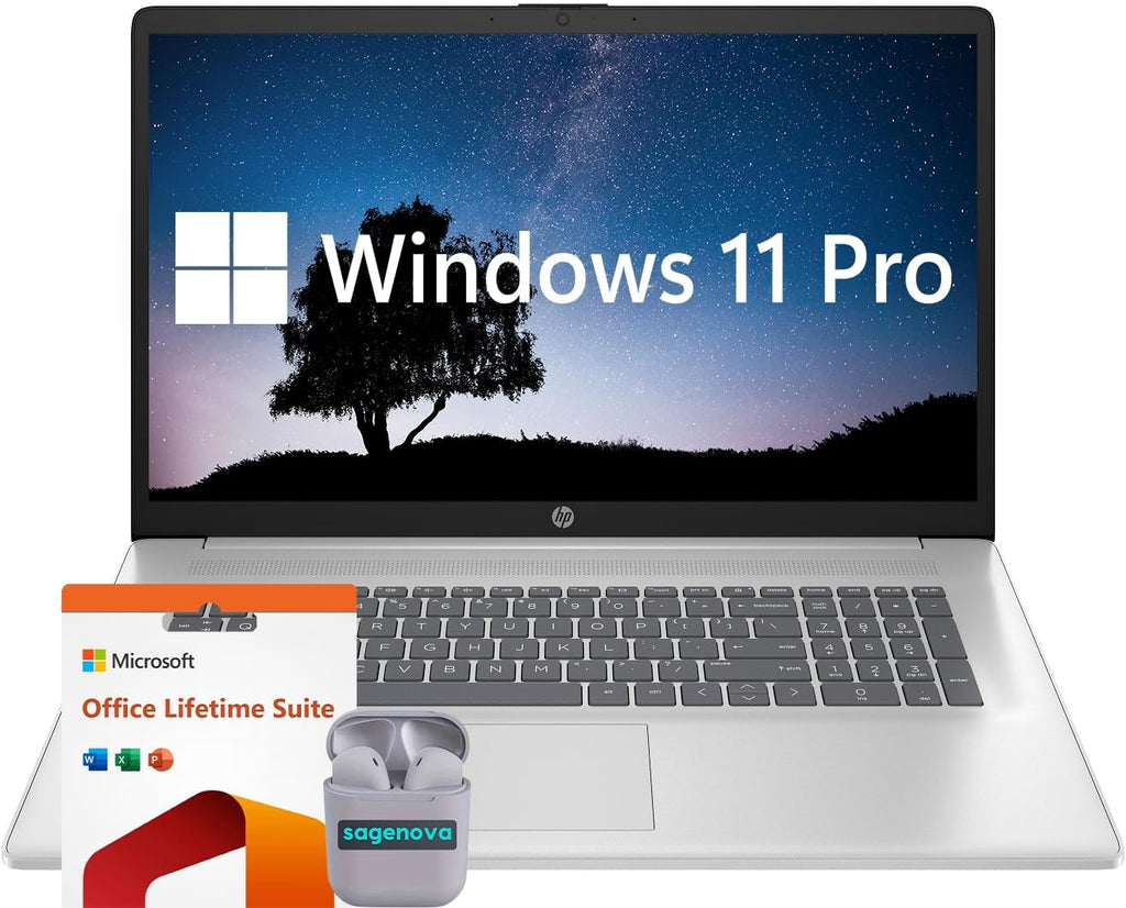 HP Laptop, 17.3' Business & Student Laptop Computer, Windows 11 Pro 32GB RAM 1TB SSD, Intel Core i3-N305 Processor, HD+ LED Display, Microsoft Office Lifetime Suite, SageNova Earphones, Silver