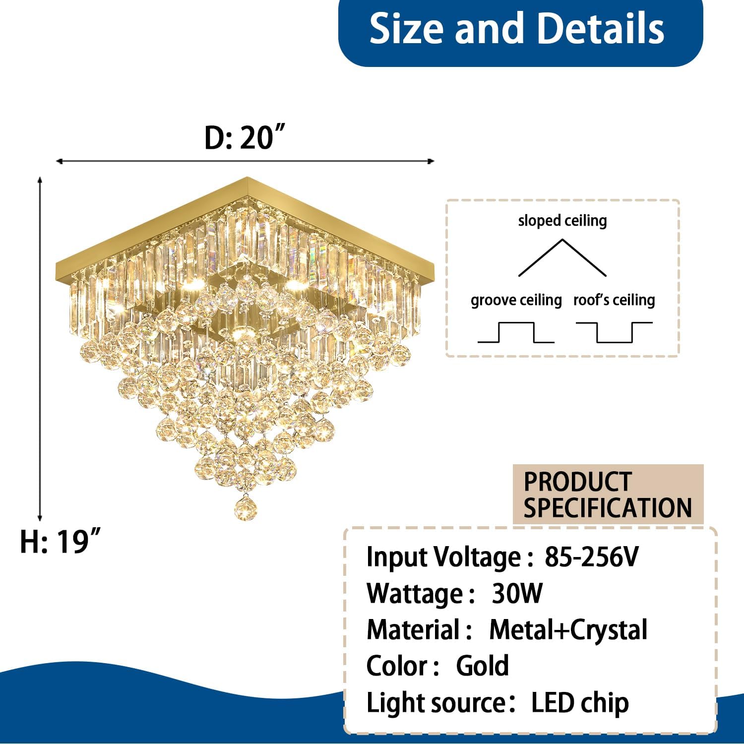 Modern Gold Square Crystal Flush Mount Ceiling Light 20' 6 Lights Luxury K9 Crystal Chandelier Lighting Fixture for Living Room Dining Room Bedroom Kitchen Entryway Hallway Foyer