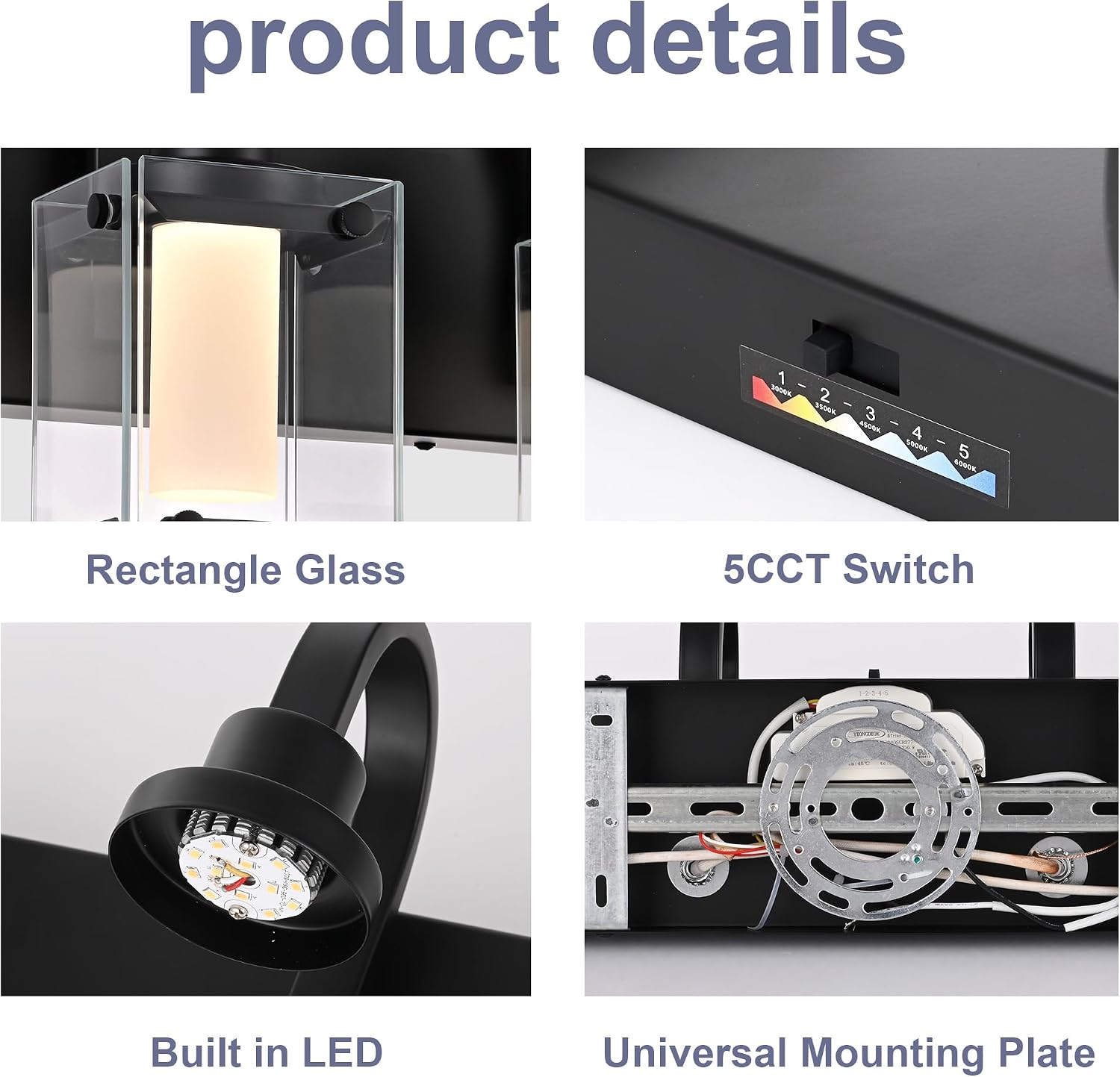 LED Modern Bathroom Vanity Lights, 5 Lights Black Bathroom Light Fixtures for Dressing Room, Integrated LED Chips, Frosted Column with Clear Square Glass Shade, Dimmable Wall Sconce