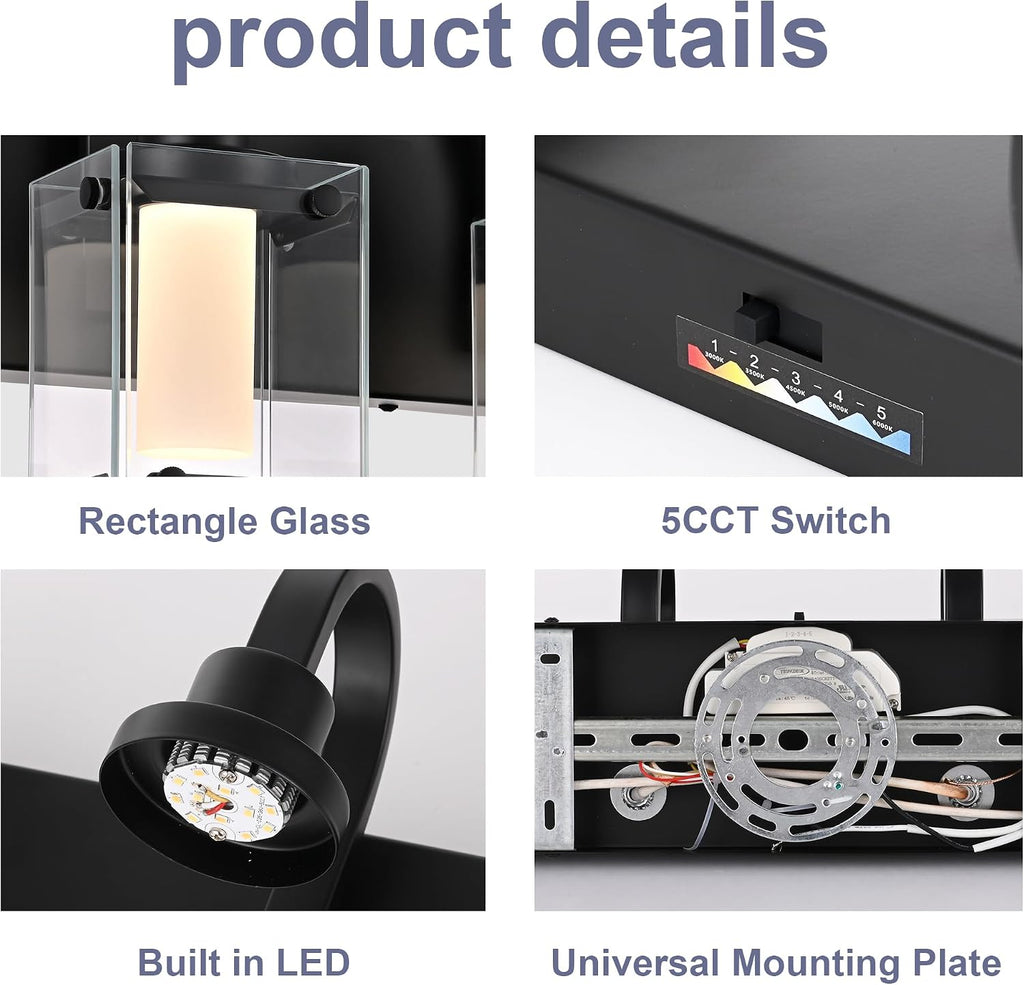 LED Modern Bathroom Vanity Lights, 4 Lights Black Bathroom Light Fixtures for Dressing Room, Integrated LED Chips, Frosted Column with Clear Square Glass Shade, Energy Saving Wall Sconce