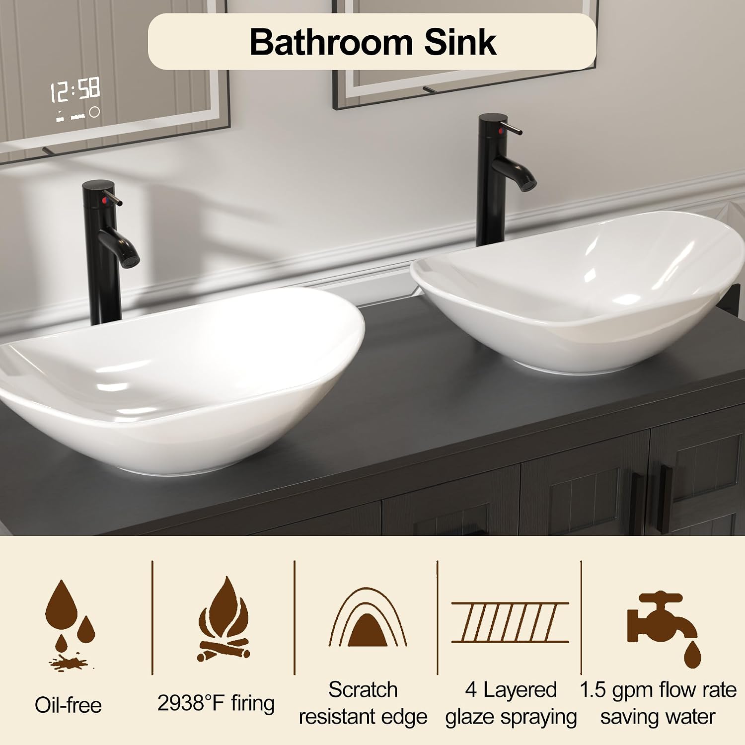 UEV 48' Bathroom Vanity with Sink Combo,Modern Freestanding Sink Cabinet with 3 Drawers,Stylish Bathroom Vanity Cabinet,Grooved Door,Metal Handles,Vessel Sink (Arch Rectangle, 48''Black)
