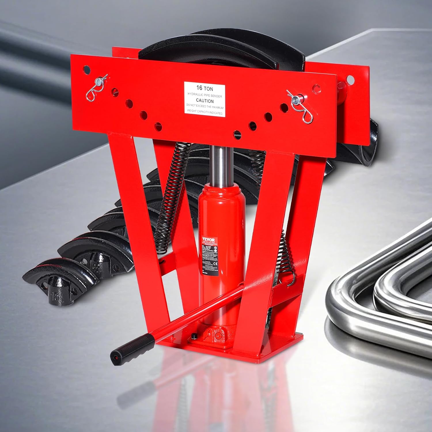 VEVOR Hydraulic Pipe Bender, 16 Ton Manual Copper Exhaust Pipe Bending Machine with 8 Dies (1/2' - 3') and 90-180° Adjustable Rollers, Heavy-Duty Pipe Tube Bender for Piping Railing Construction