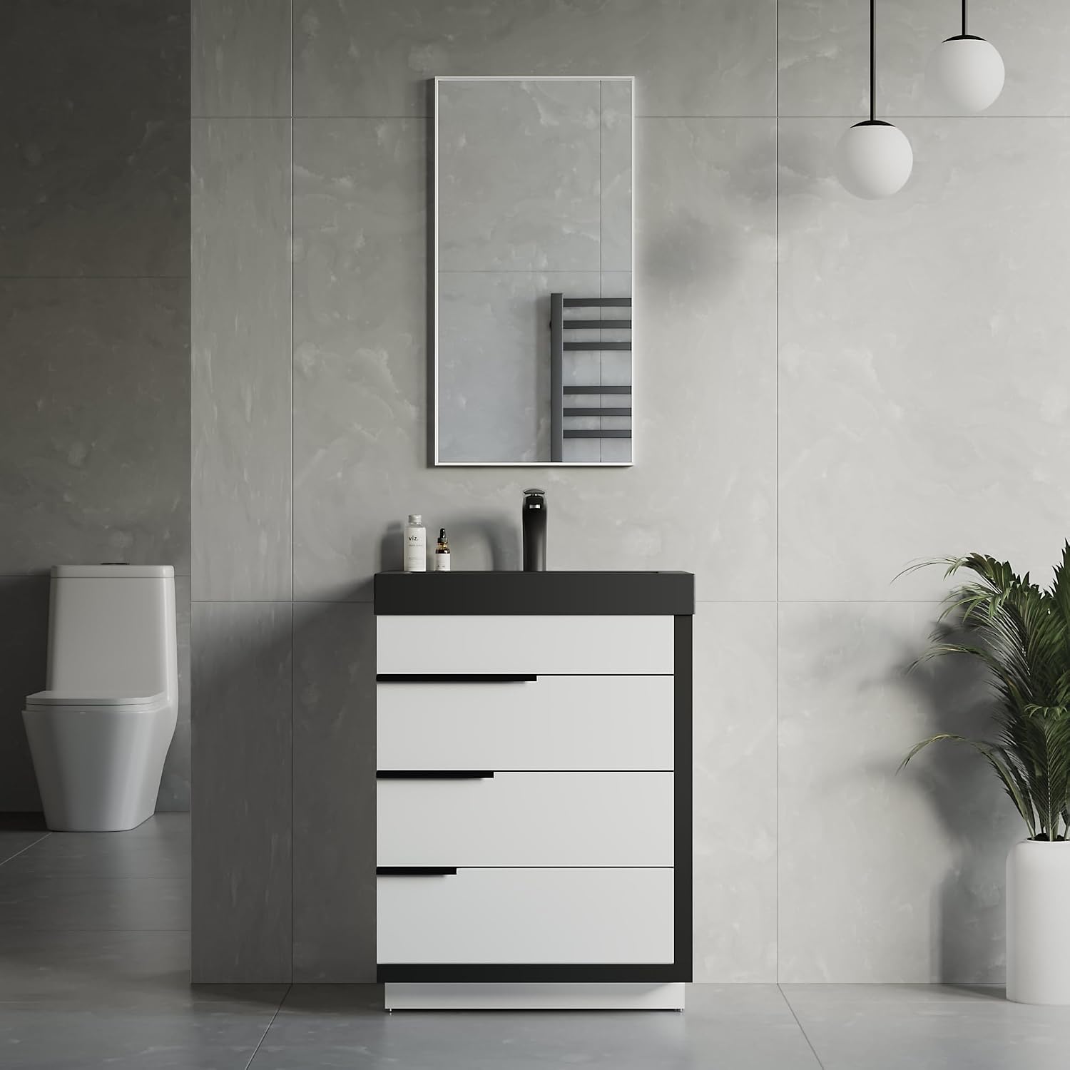 Dowell 24'Single Bathroom Vanity Set- Freestanding Glossy White Vanity with Black Accents,Matte Black Resin Basin,Three Soft-Close Drawers-024 24 21V/2418BPBL