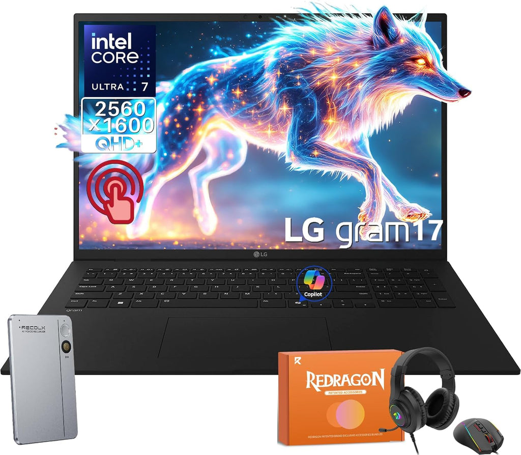 LG Gram 17 Touchscreen Laptop Business PC, Intel Ultra 7 258V, 17' QHD+ 320 Nits, 32 GB LPDDR5X 8533MT/s, 1 TB SSD, Wi-Fi 7, Windows 11 Pro, W/REDRAGON Headphones & Mouse, RECOLX AI Voice Recorder