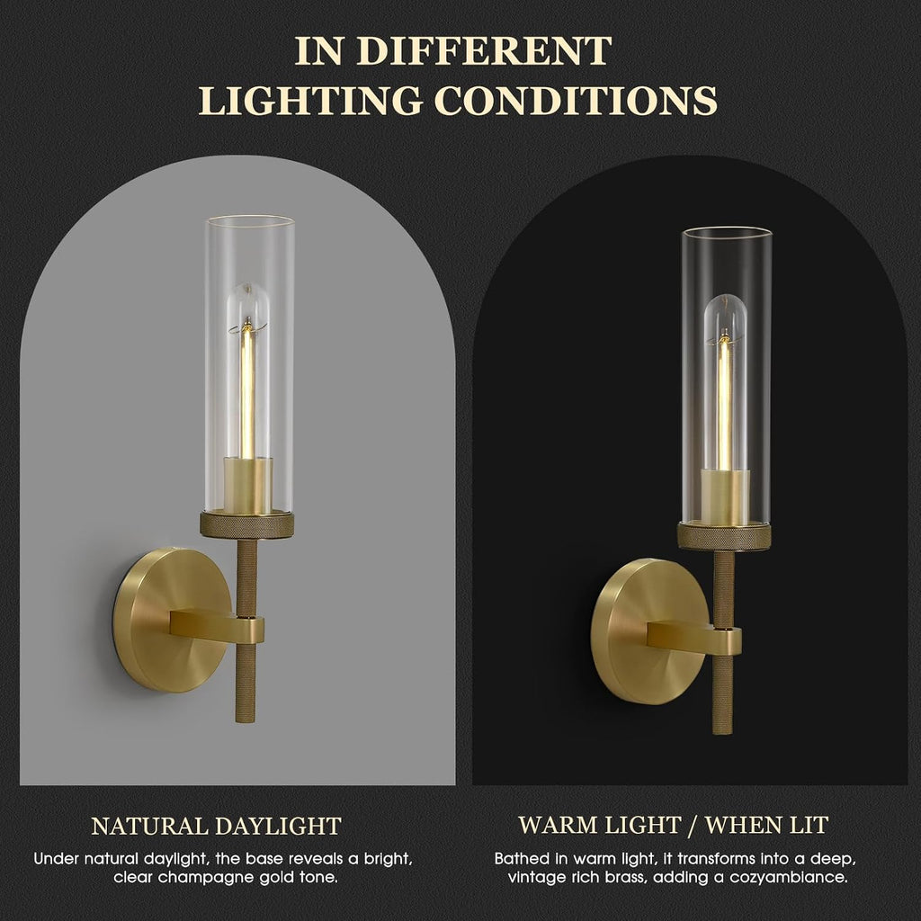 Brass Wall Sconces Lights Indoors, 14' Knurled Linear Sconce, Gold Bathroom Wall Sconces, Glass Tube Vanity Sconces Wall Lighting, Wall Lights for Mirror, Living Room, Bedroom, Hallway