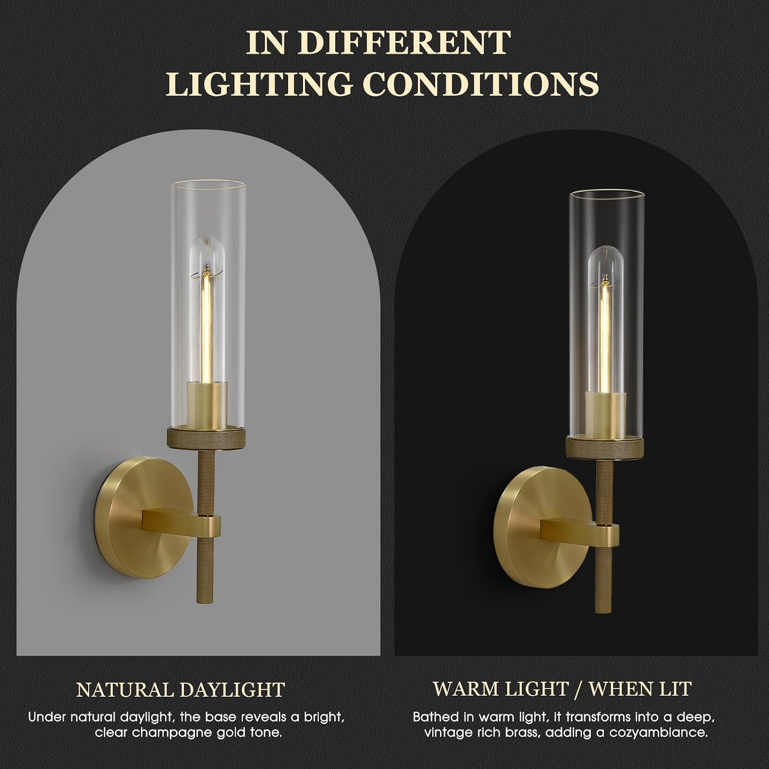 Knurled Wall Sconces Set of Two, Brass Wall Sconce Lights, 14' Gold Bathroom Wall Sconces, Glass Linear Sconce Wall Lighting, Vanity Lights Bathroom Light Fixture Wall Lights for Living Room