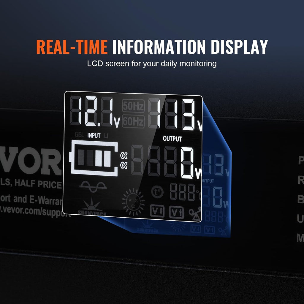 VEVOR Modified Sine Wave Inverter, 3000Watt, DC 12V to AC 120V LCD Display Power Inverter with 3 AC Outlets 2 USB Port 1 Type-C Port 10 Spare Fuses, for Large Household Equipment, CE FCC Certified