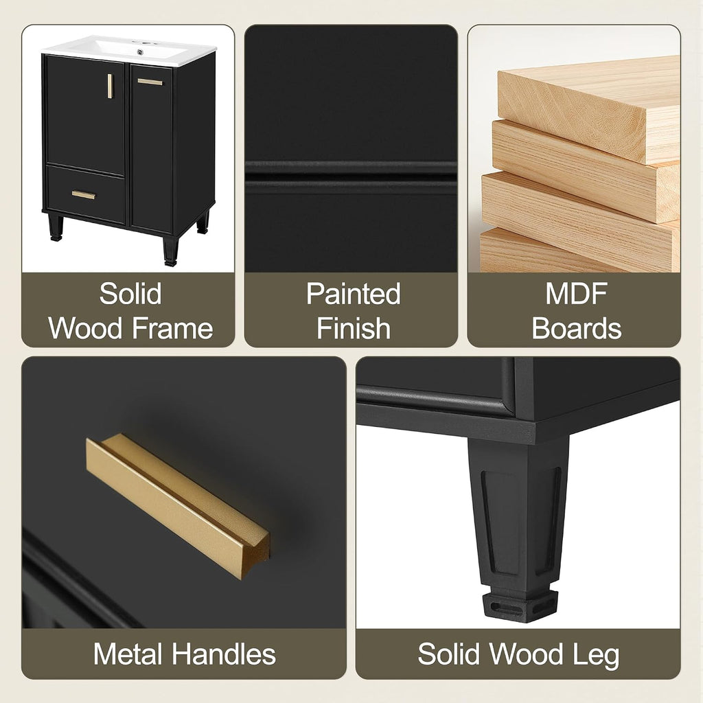 24-inch Bathroom Vanity with Sink Combo, Free-Standing Single Storage Cabinet with Door Shelf, 2-Tier Pull-Out Basket, and Deep Drawer, Wood Vanity with Ceramic Basin for Bathroom (Black)