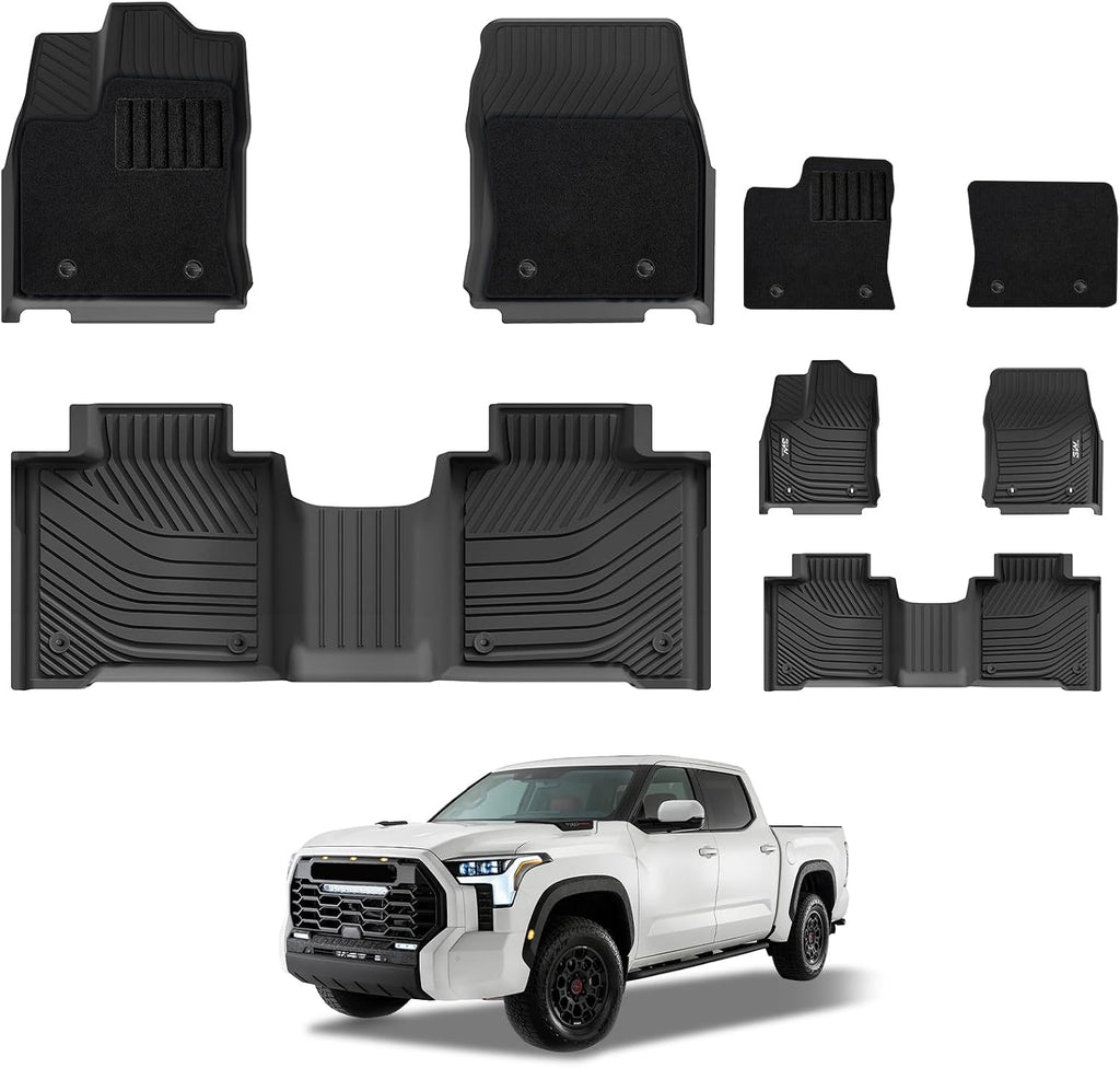 3W Floor Mats & Front Carpets Fit 2022-2026 Toyota Tundra (Only for CrewMax Cab), SR/SR5/TRD PRO/Limited/Platinum/Castone Custom Fit All-Weather TPE Front & Rear Row Floor Liner Black
