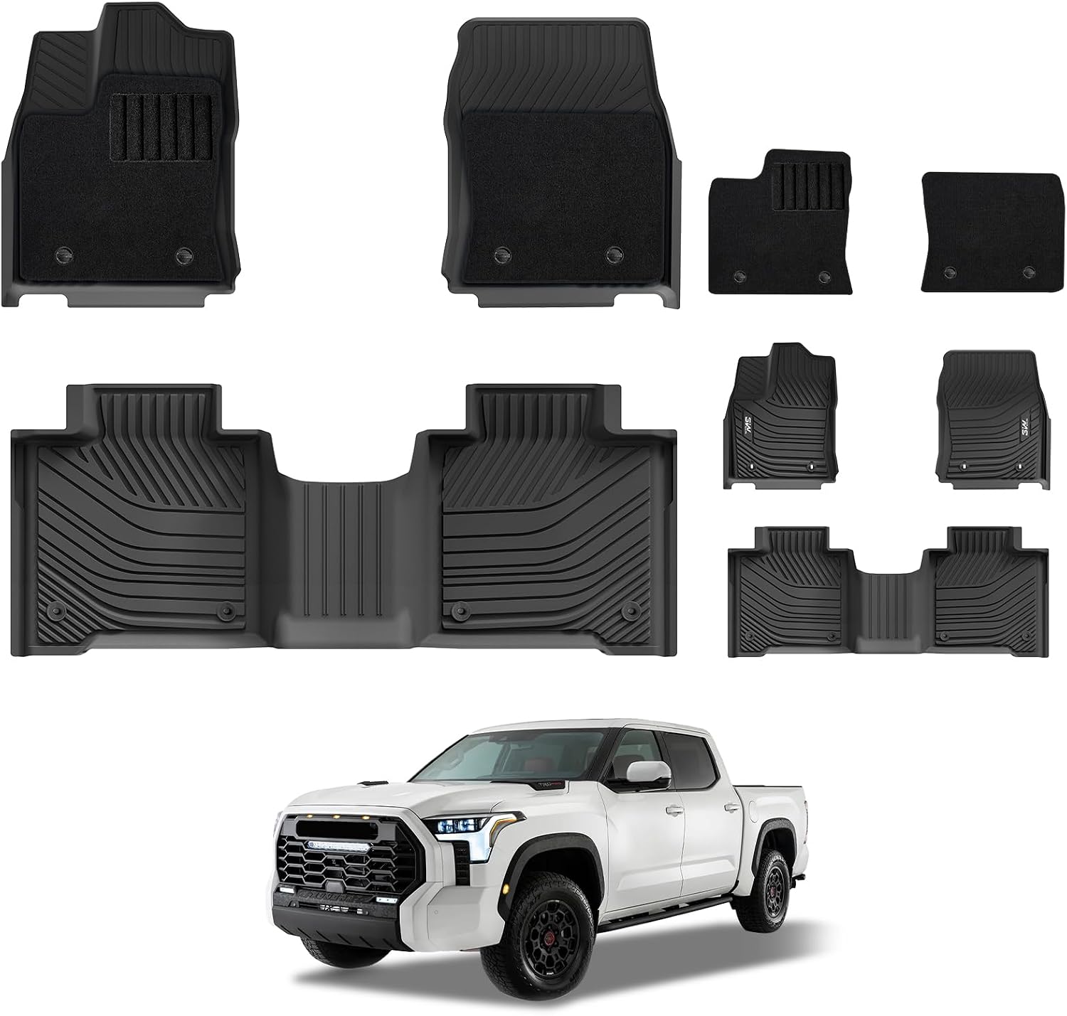 3W Floor Mats & Front Carpets Fit 2022-2026 Toyota Tundra (Only for CrewMax Cab), SR/SR5/TRD PRO/Limited/Platinum/Castone Custom Fit All-Weather TPE Front & Rear Row Floor Liner Black