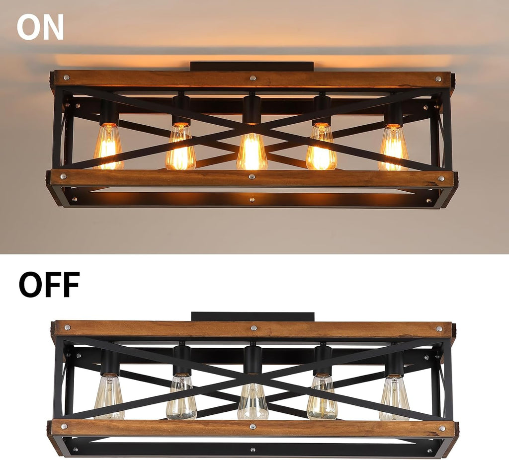 5-Light Large Rustic Farmhouse Wood Flush Mount Ceiling Light Fixture 31.5 inch Oak Wood and Metal Rectangular Track Semi Flush Mount Ceiling Light for Kitchen Living Room Bedroom Indoor, Black