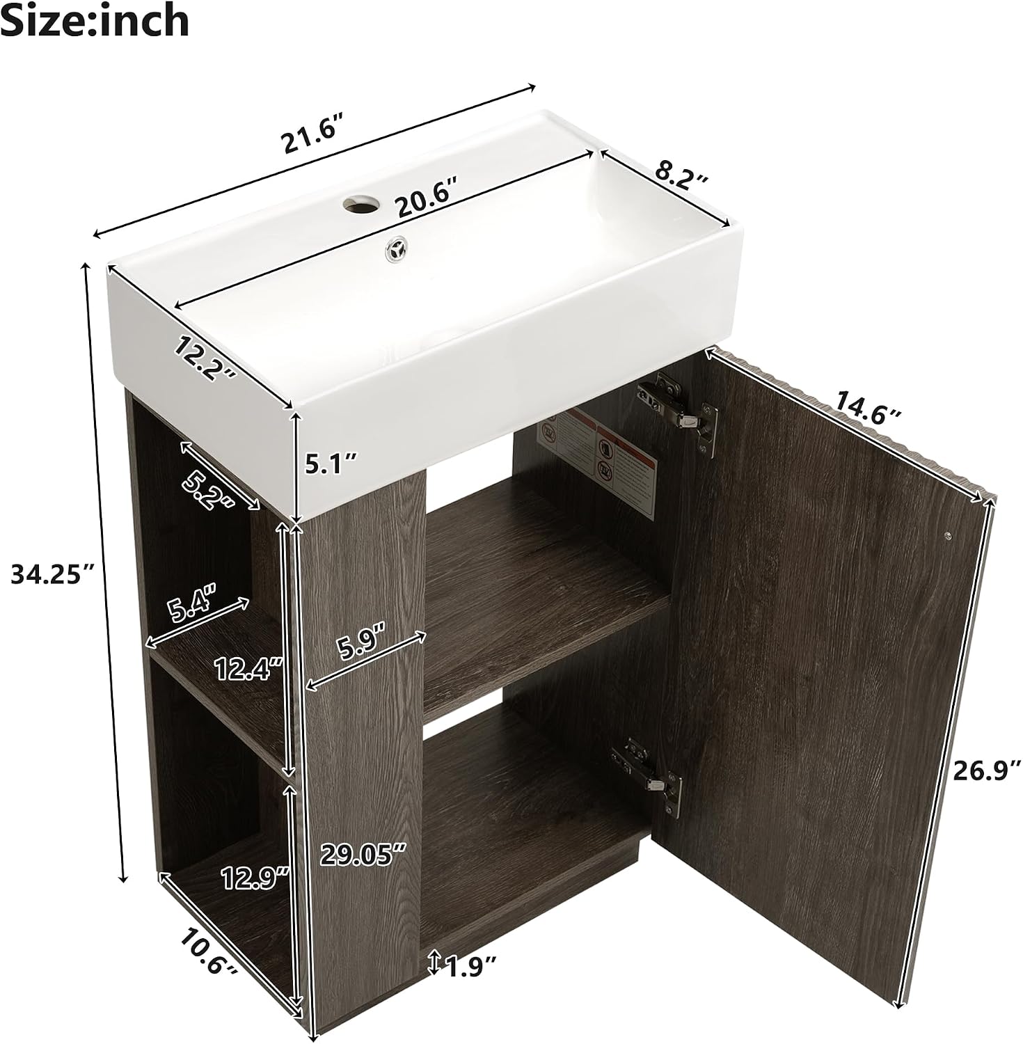 Merax Small Bathroom Vanity, Modern Floor Standing Bathroom Vanity with Sink, Ceramic Sink Vanity with Side Storage Shelves and Toilet Paper Holders, Dark Grey