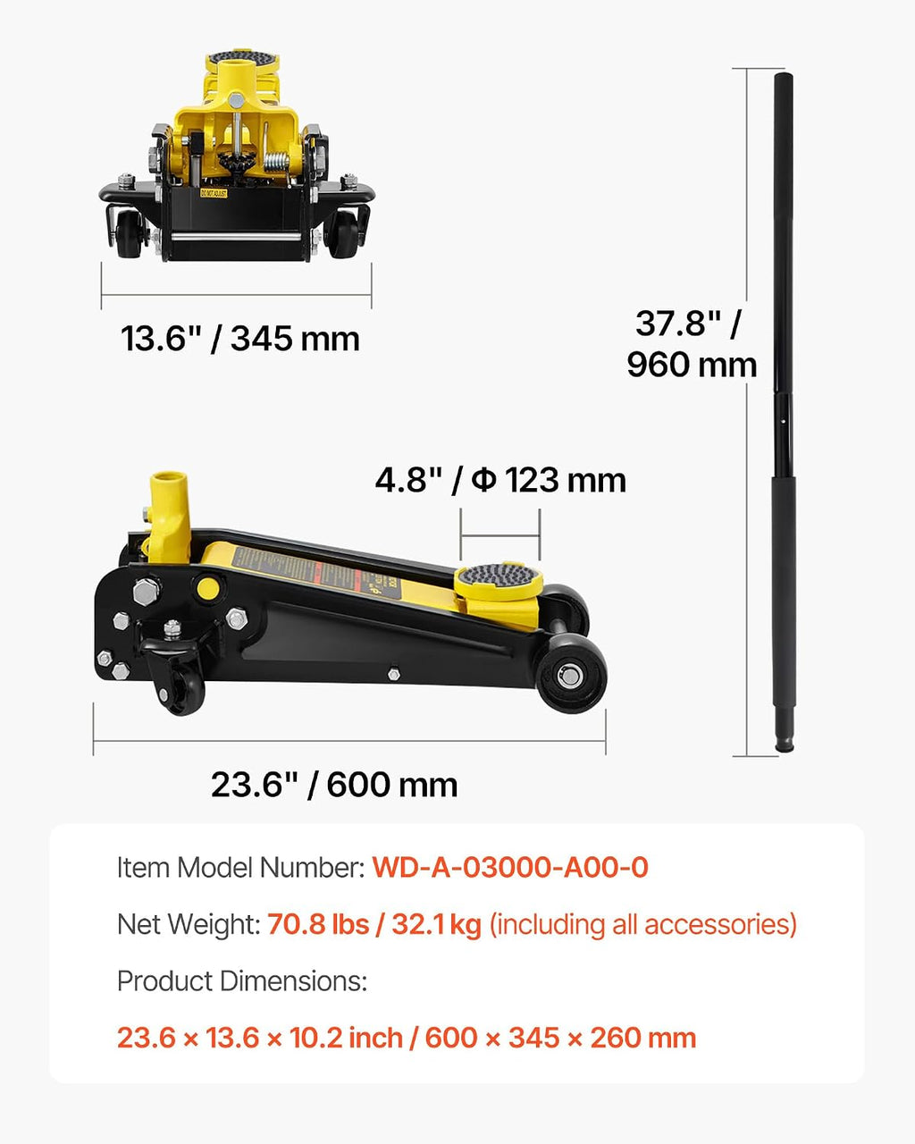 VEVOR 3 Ton Low Profile Floor Jack for All Terrain Vehicles, Heavy-Duty Steel Racing Jack with Quick Lift Pump, 5.12'-20' Lifting Range, 3.0 tons