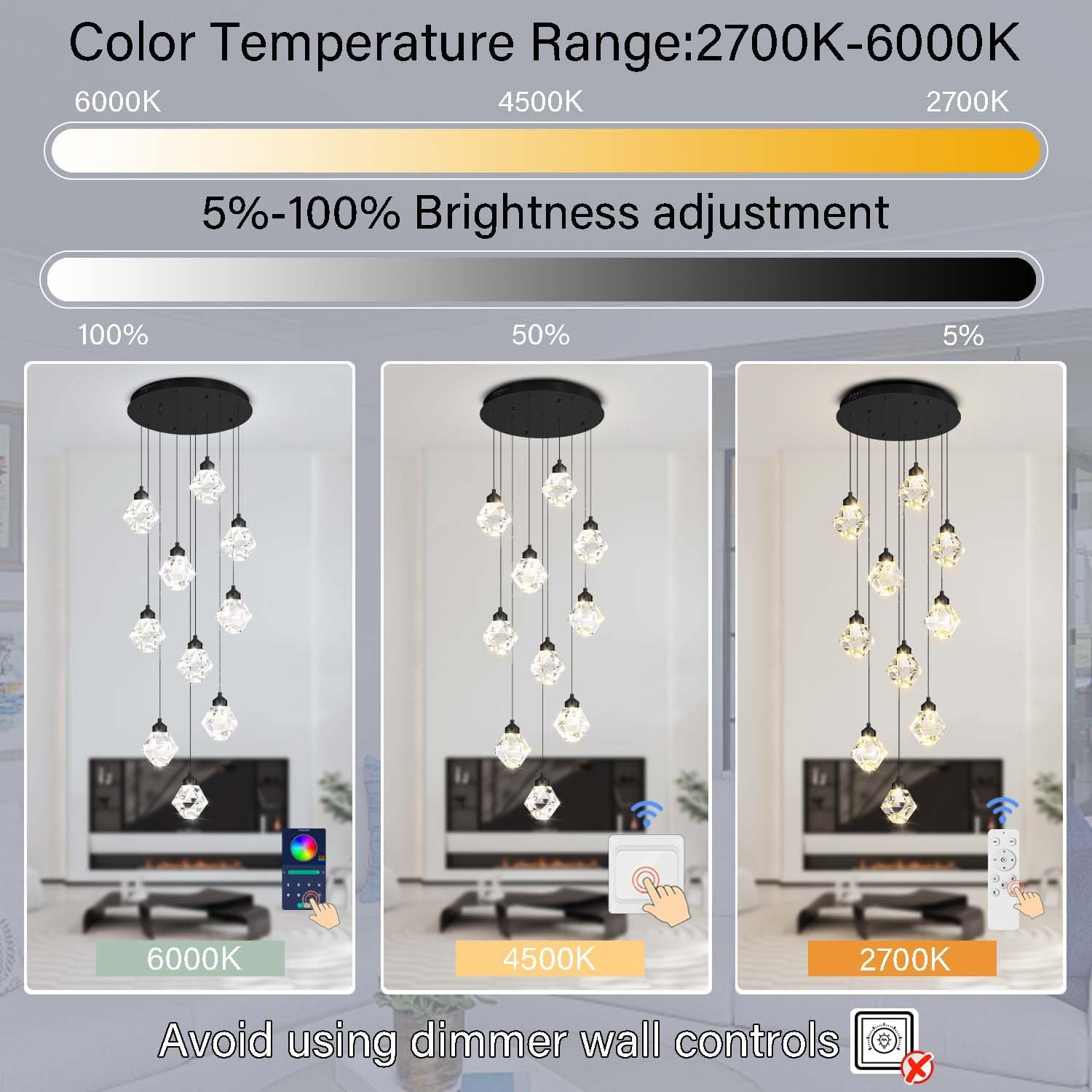 10-Light Chandelier Staircase Chandeliers for High Ceilings Crystal Chandeliers for Living Room Black Pendant Light Dimmable LED Hanging Light with Remote