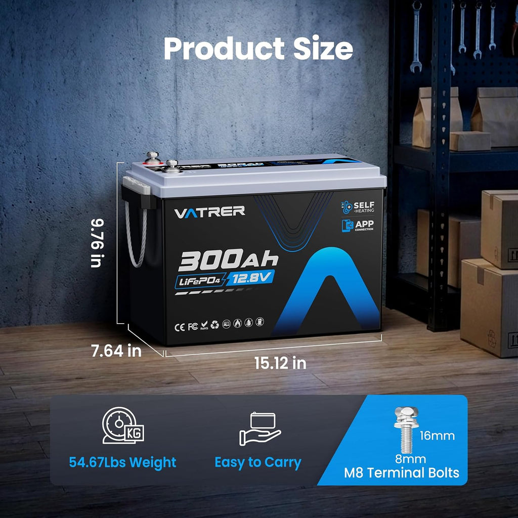 12V 300AH LiFePO4 Lithium Battery with Self-Heating&APP Monitoring, Built-in 200A BMS, Support Low Temp Charging(-4°F),5000+ Cycles, Max 2560W Power, Perfect for RV/Camper, Off-Grid Applications, etc.