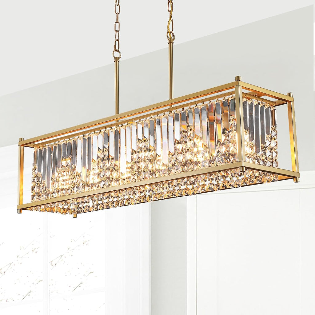 Q&S Modern Crystal Chandelier,Gold Rectangular Chandelier 6-Light,Luxury K9 Crystal Pendant Light for Dining Room Kitchen Island Bar Pool Table Hotel Office UL Listed