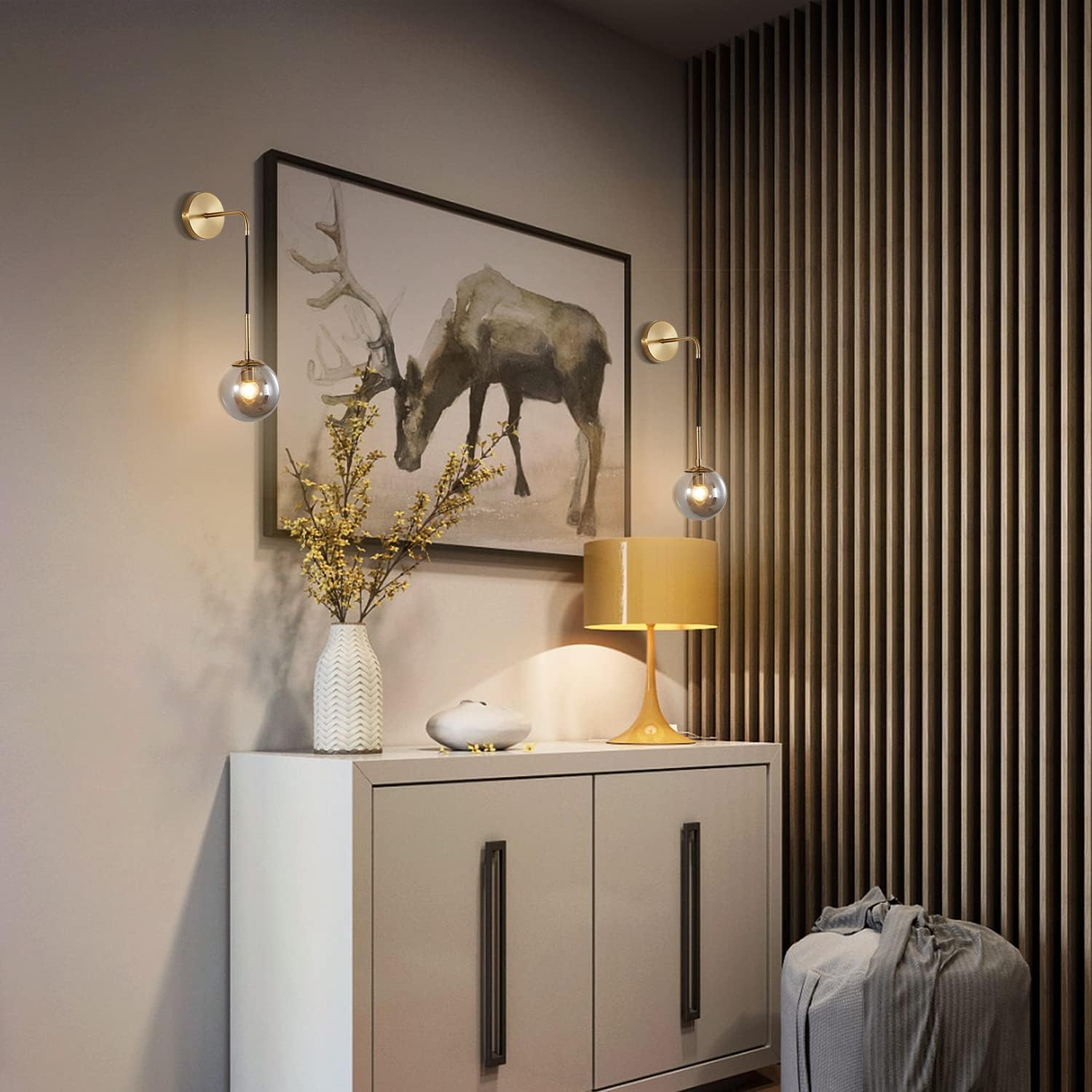 BOKT Mid Century Modern Wall Sconce Set of Two Gold Wall Sconce Light Smoke Gray Glass Round Wall Lighting Fixture Set of 2 Brushed Brass Minimalist Adjustable Bar Wall Lamp (Gold+Smoky Grey)