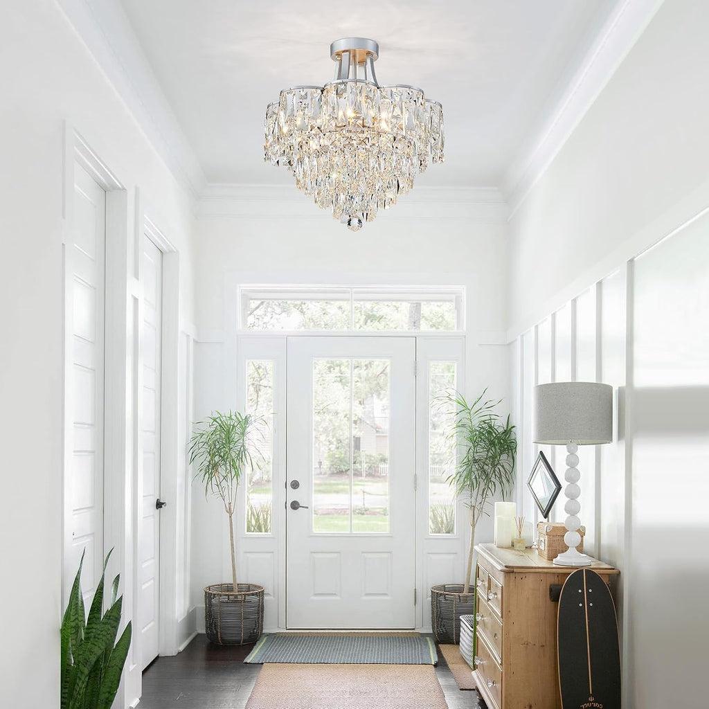 WUZUPS Crystal Chandelier Semi-Flushmount Ceiling Light Modern Lighting Fixture for Bedroom Hallway Entry Kitchen Bathroom, H 19.3' x W 18.3', E12 Base, Silver