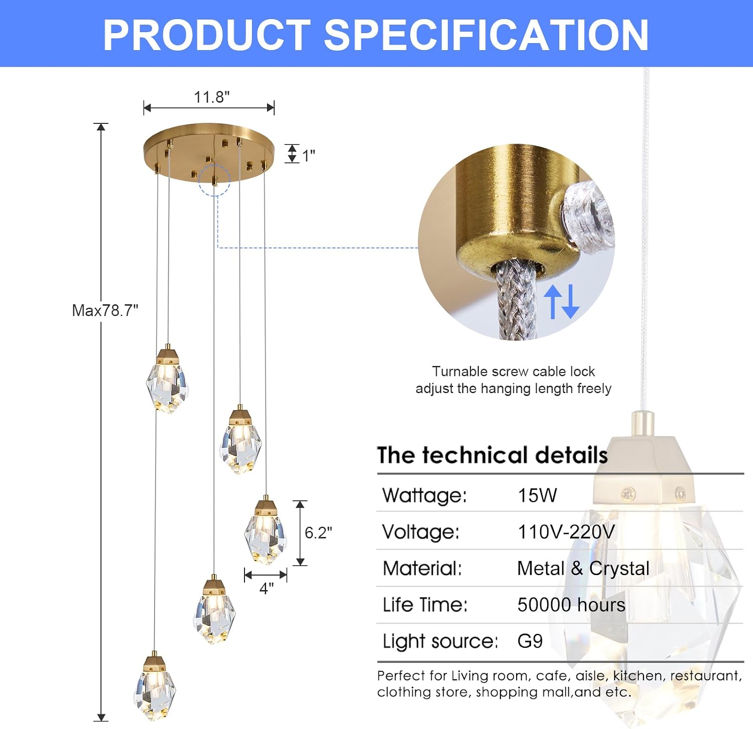 Dimmable Brass Gold Crystal Pendant Light - Modern 5-Light Diamond Chandelier for Kitchen Island, Dining Room, Hallway, and Bathroom