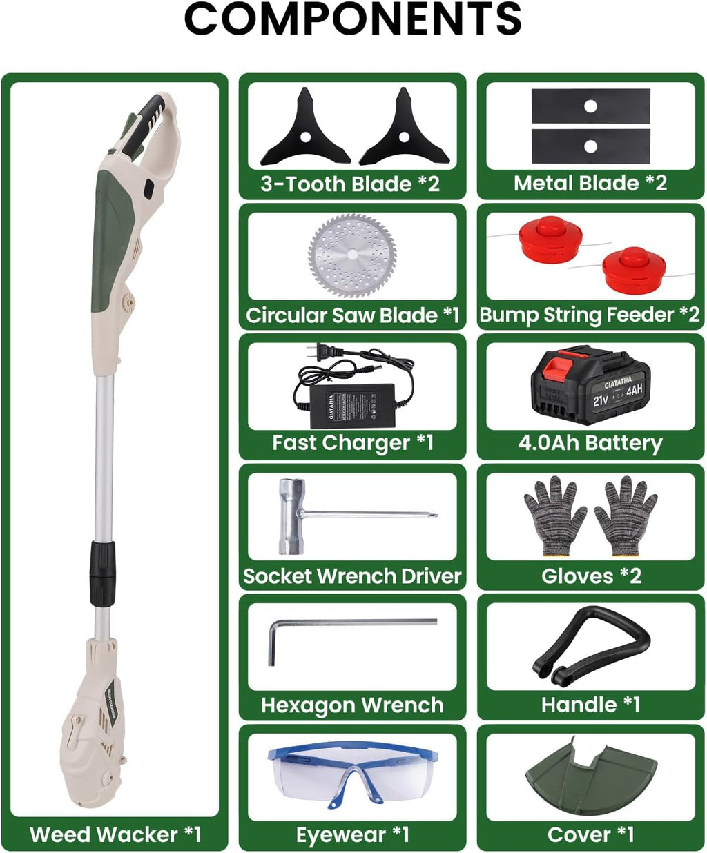 Electric Weed Wacker Cordless, Brushless Grass Trimmer with 21V 4.0Ah Batteries and Charger, 4 Types of Blades String Trimmer, Weed Eater Battery Powered with Shoulder Strap, Lawn Edger Tool
