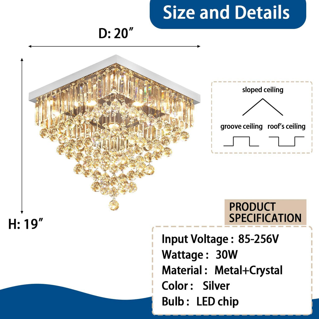 Luxury 20' Square K9 Crystal Flush Mount Chandelier, Modern Silver 6-Light LED Ceiling Light, Dimmable Chandeliers Fixture for Dining Room, Living Room, Bedroom, Entryway