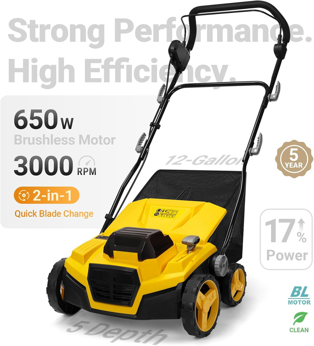 40V 15' Brushless Cordless Electric Dethatcher and Scarifier Compatible with Dewalt 20V Battery(Tool Only), w/12Gal Thatch Collection Bag, 5-Depth Adjustment, Quick-Fold, Walk Behind for Lawn Care