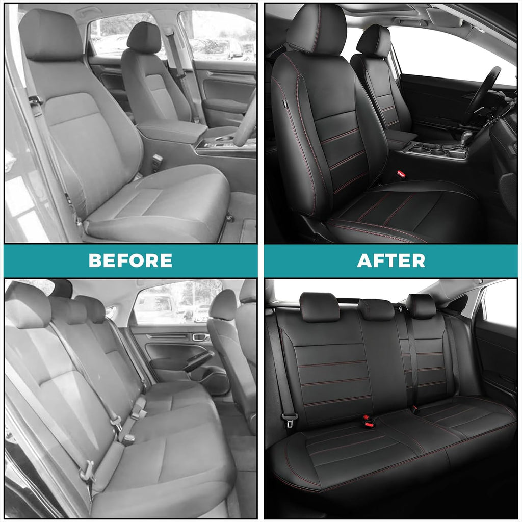 Seat Covers for Honda Civic Sedan Sport 2022 2023 2024 & LX 2022-2026, Custom Faux Leather Car Seats Cover Full Set Waterproof - Black Red Line (Solid Rear Seatback - NO Rear Armrest)