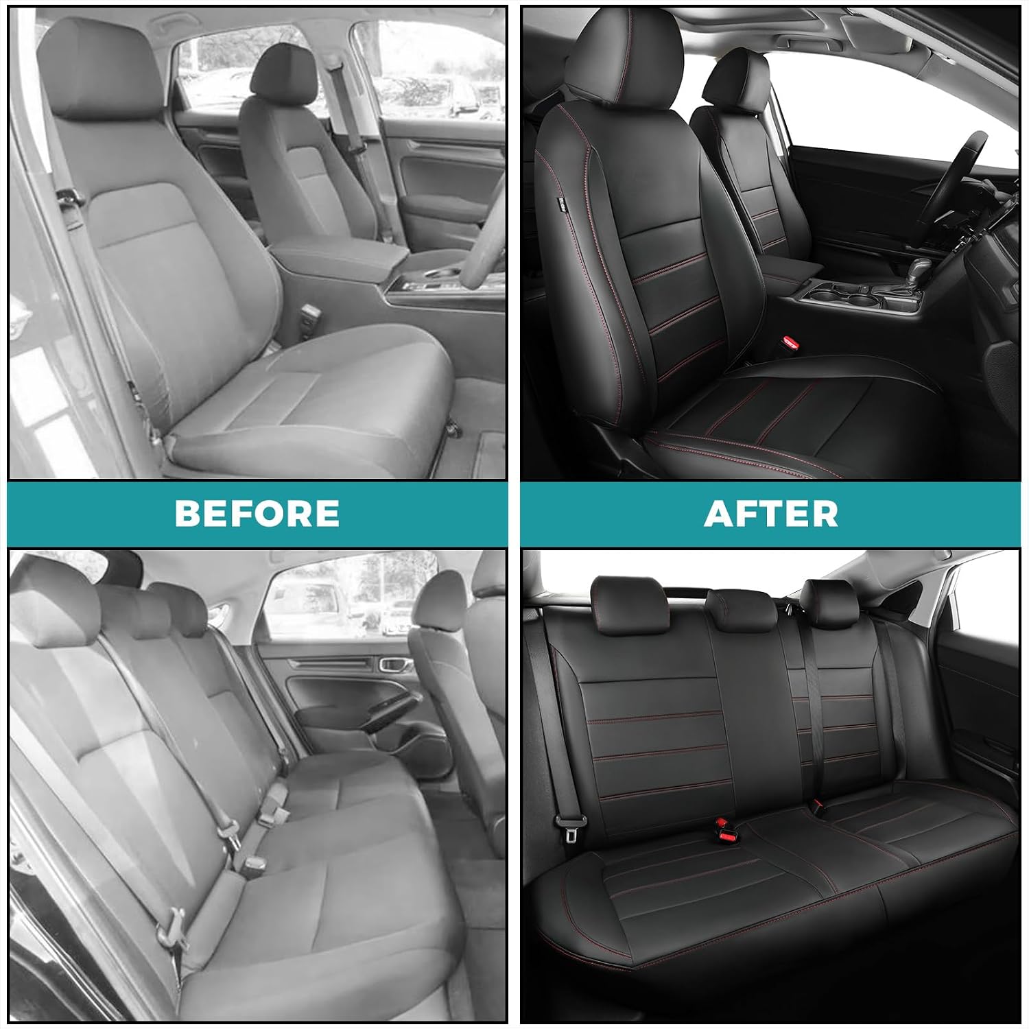 Seat Covers for Honda Civic Sedan Sport 2022 2023 2024 & LX 2022-2026, Custom Faux Leather Car Seats Cover Full Set Waterproof - Black Red Line (Solid Rear Seatback - NO Rear Armrest)