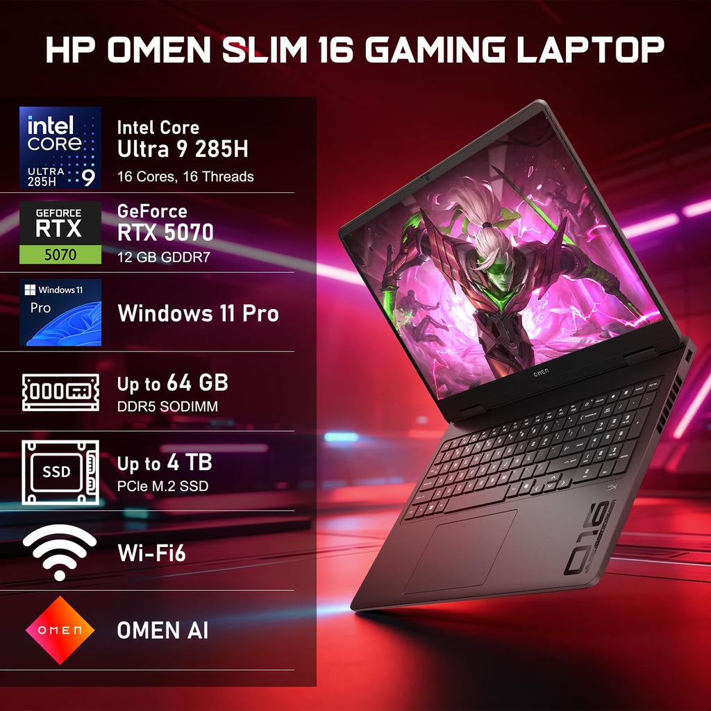 HP OMEN 16 Slim RTX 5070 Gaming Laptop, Intel Ultra 9 285H, NVIDIA RTX 5070, HyperX Audio, 16' FHD+ Anti-Glare, 32GB DDR5, 1TB SSD, 4-Zone RGB Backlit KB, Windows 11 Pro, Bundle Laptop Cooler